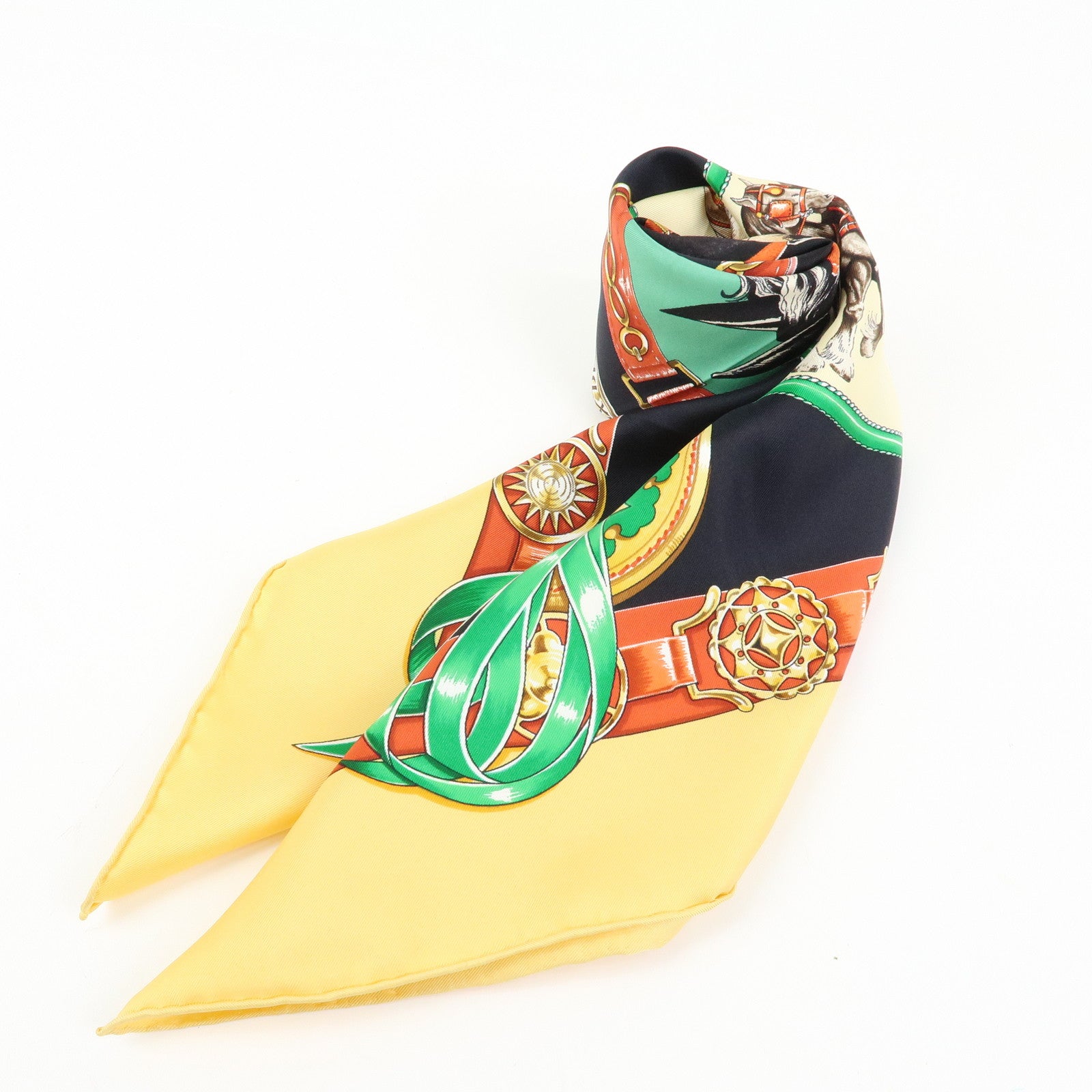 HERMES Carre 90 Silk 100% Scarf CHEVAUX DE TRAIT Black Beige