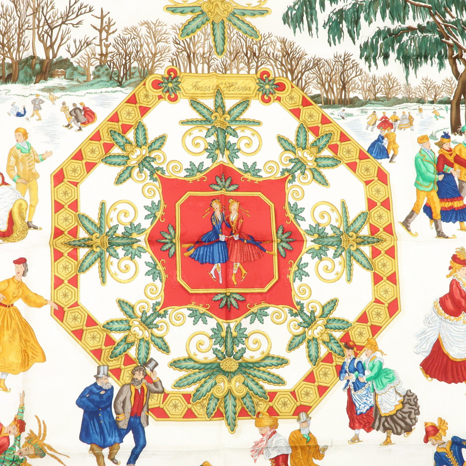 HERMES Carre 90 Silk 100% Scarf Joies d’Hiver Red Gold Used