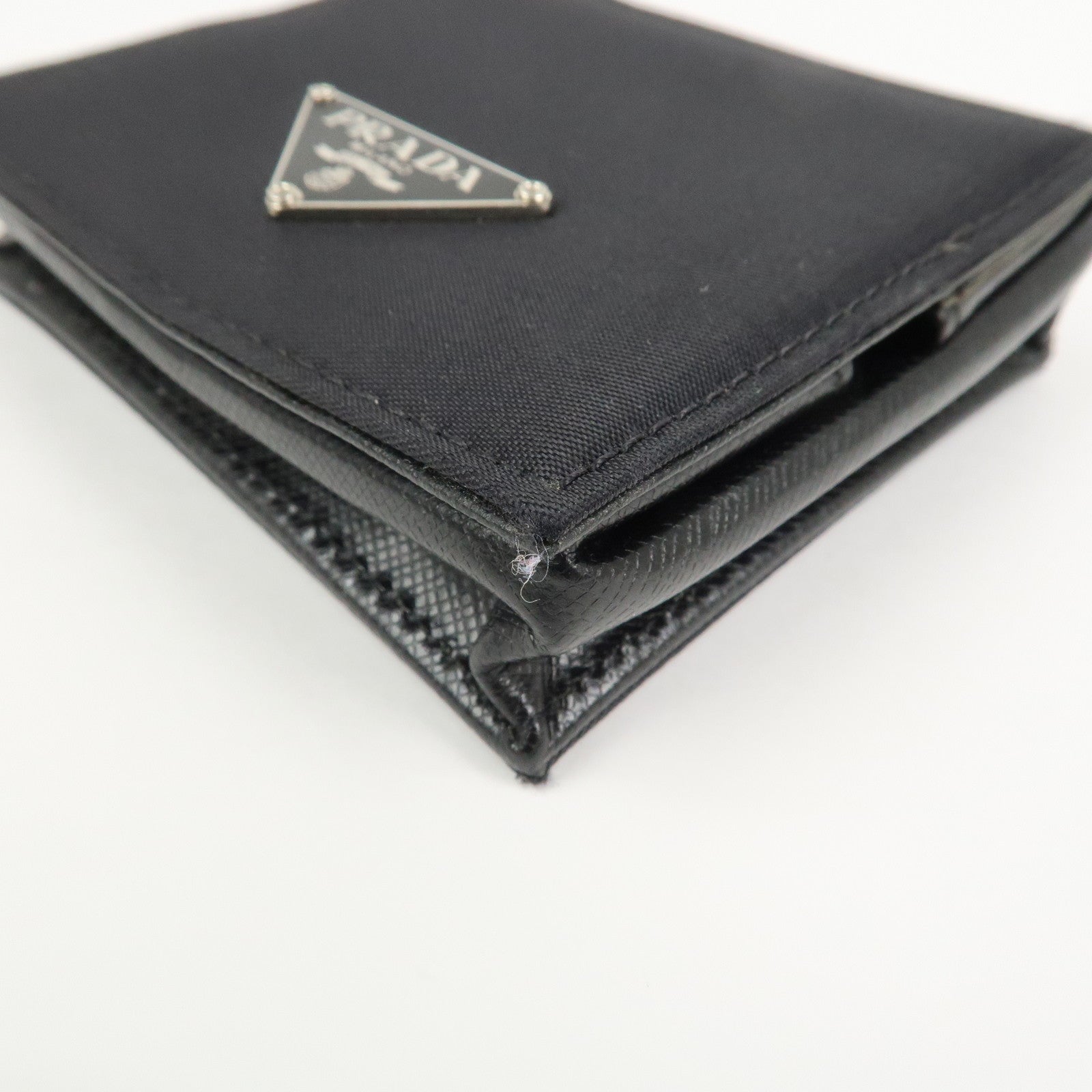 PRADA Triangle Logo Nylon Saffiano Leather Coin Case Black M634