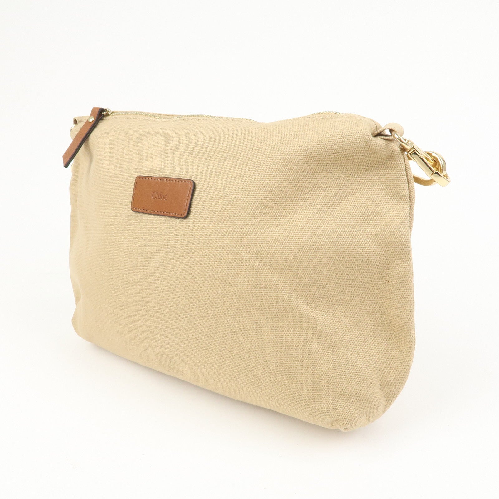 Chloe Logo 2Way Canvas Leather Shoulder Bag Crossbody Bag Beige