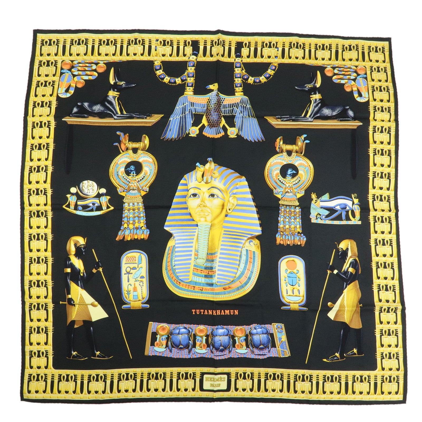 HERMES Carre 90 Silk 100% TUTANKHAMUN Scarf Gold Black