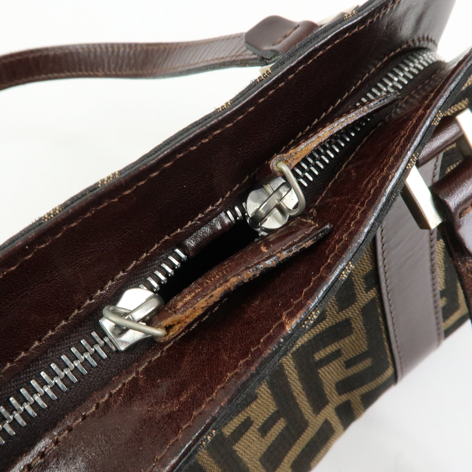 FENDI Zucca Jacquard Canvas Leather Top Handle Hand Bag Brown