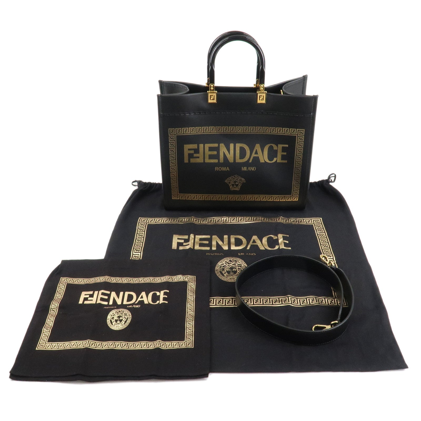 FENDI VERSACE FENDACE Leather Sunshine Medium Tote Bag 8BH386 Used