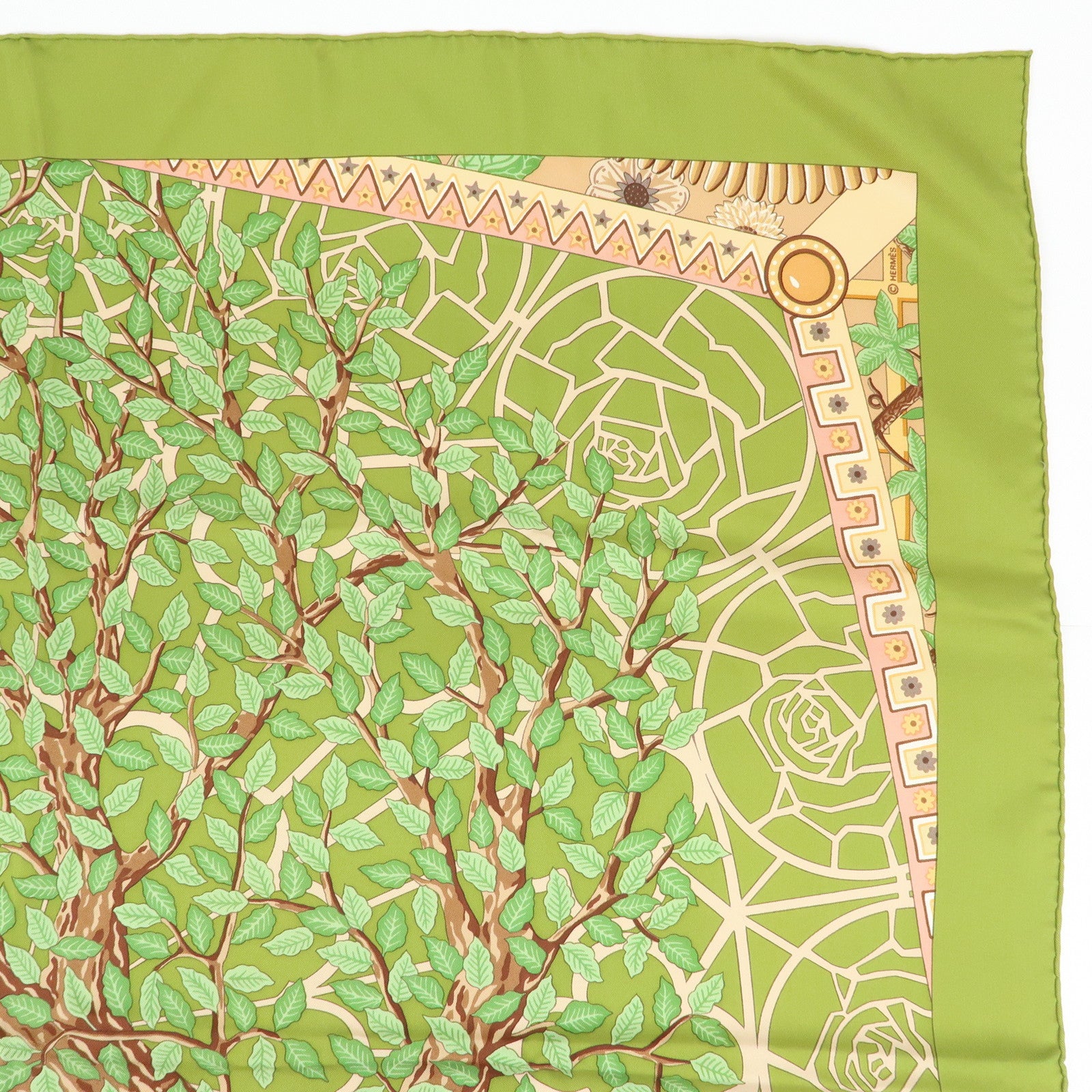HERMES Carre 90 Silk 100% Scarf AXIS MUNDI Green Brown