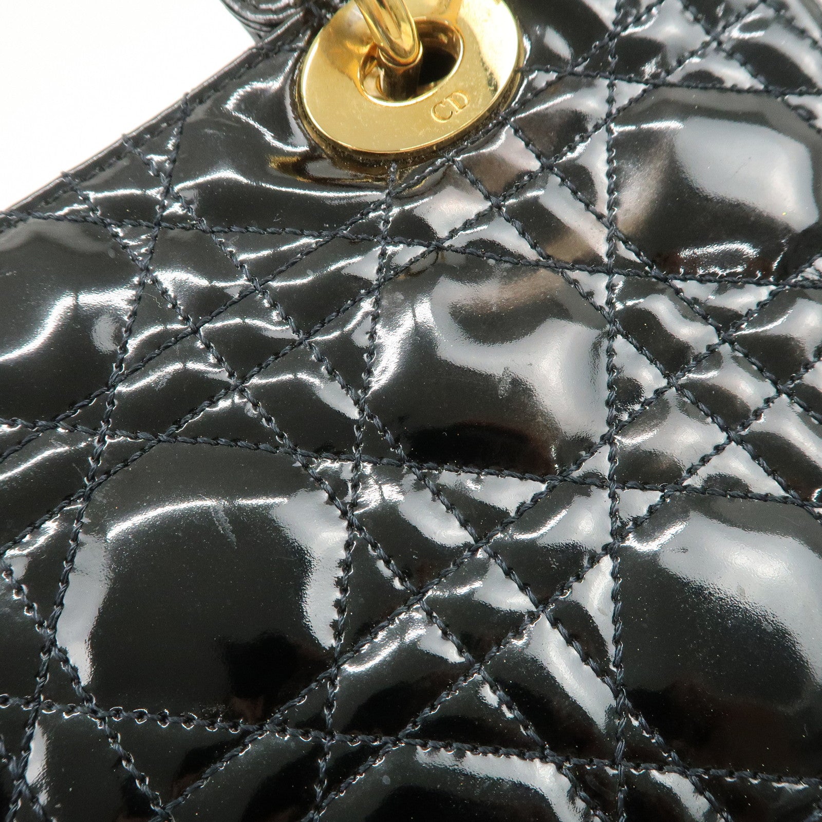 Christian Dior Lady Dior Cannage Patent Leather 2Way Hand Bag Black