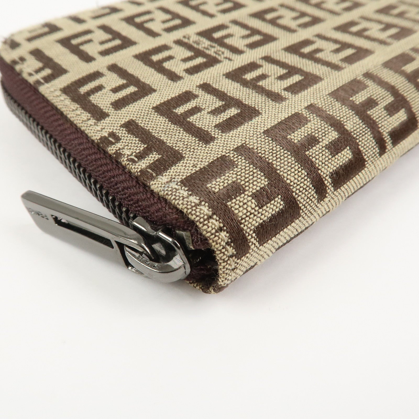 FENDI Zucchino Canvas Leather Round Zippy Long Wallet Brown 8M0024