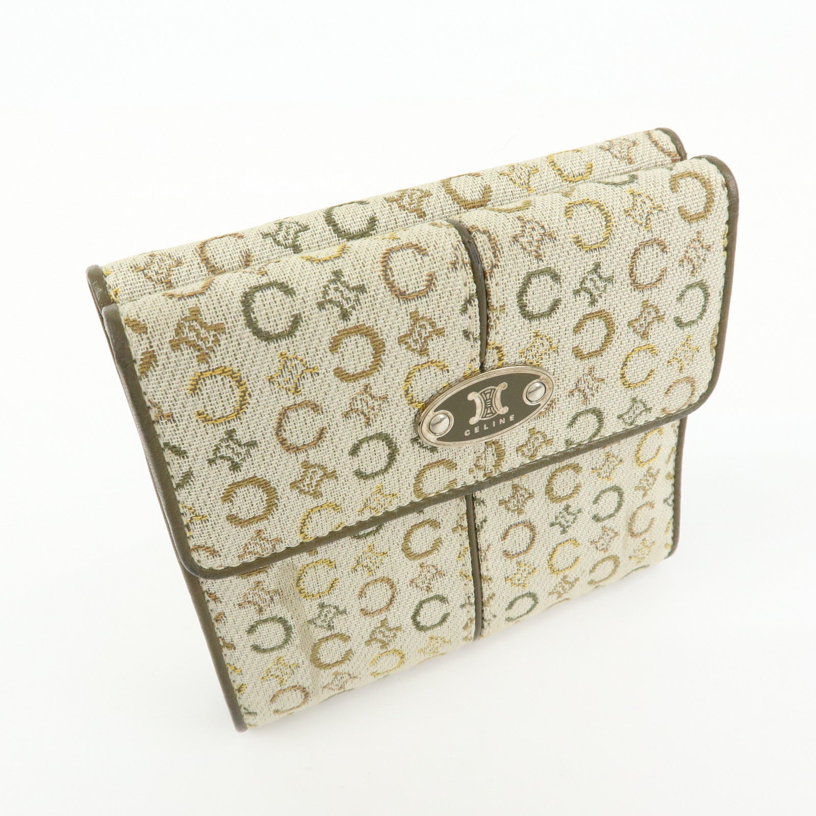 CELINE C Macadam Canvas Leather Compact Wallet Khaki