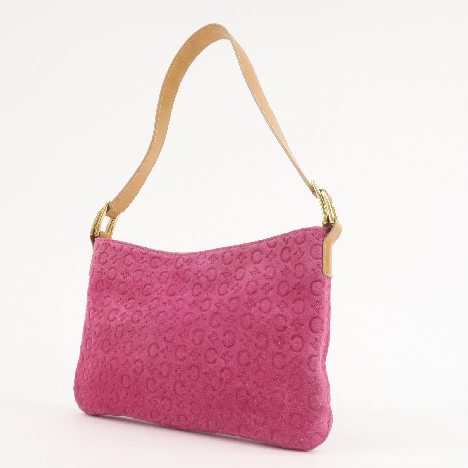 CELINE C Macadam Suede Leather Shoulder Bag Pink Light Brown