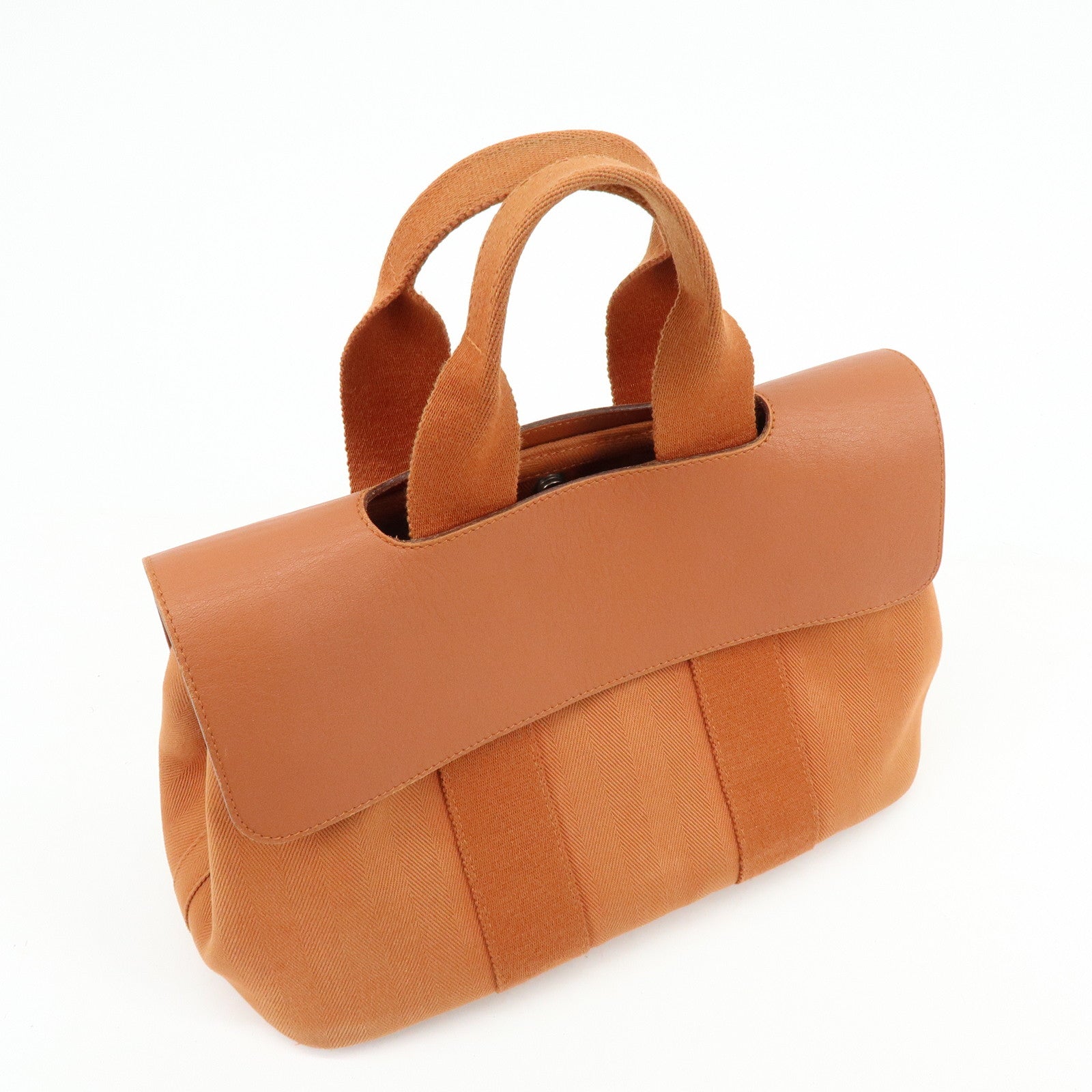 HERMES Valparaiso PM Toile Chevron Leather Tote Bag Hand Bag Brown