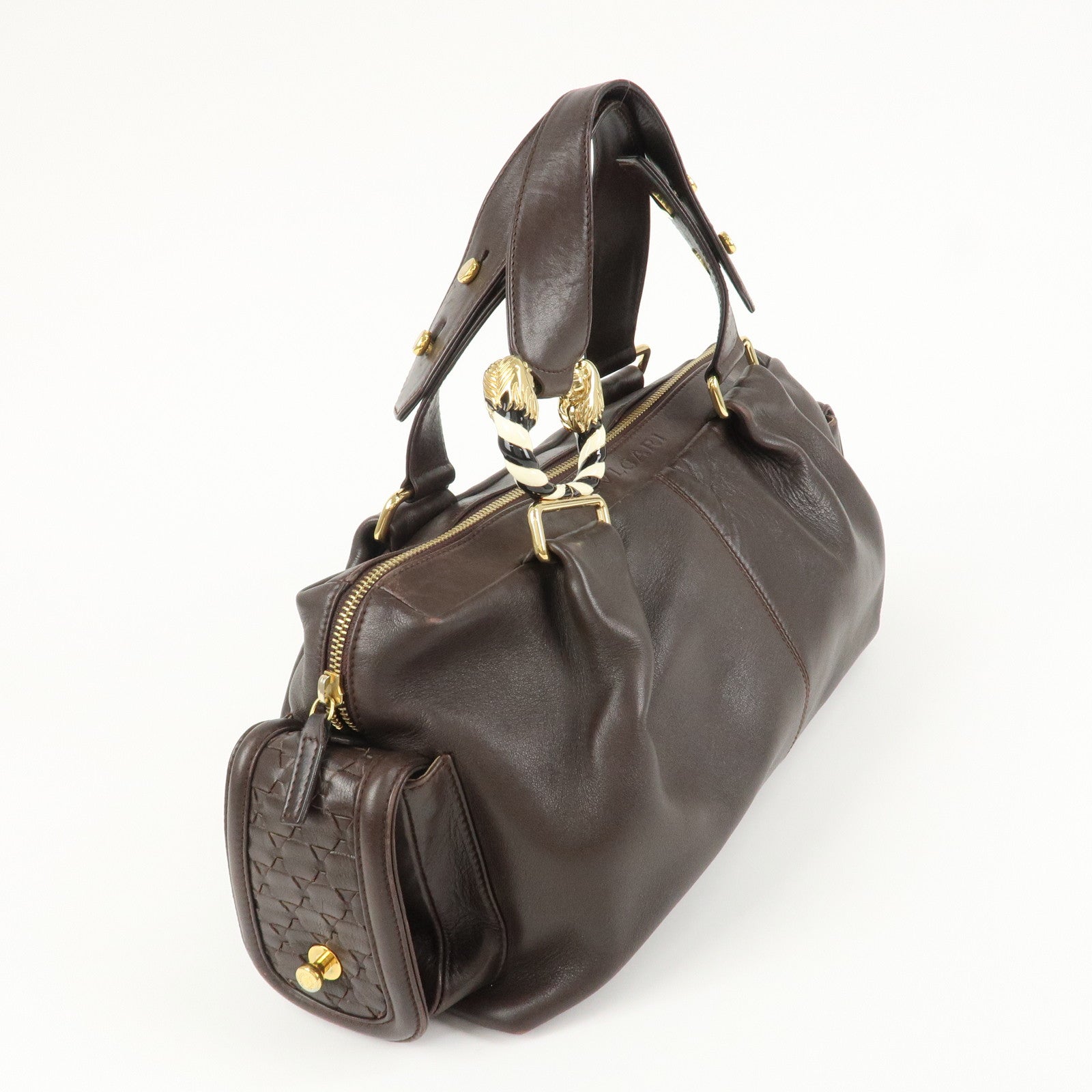 BVLGARI Leoni Leather Hand Bag Boston Bag Brown Gold Hardware Used