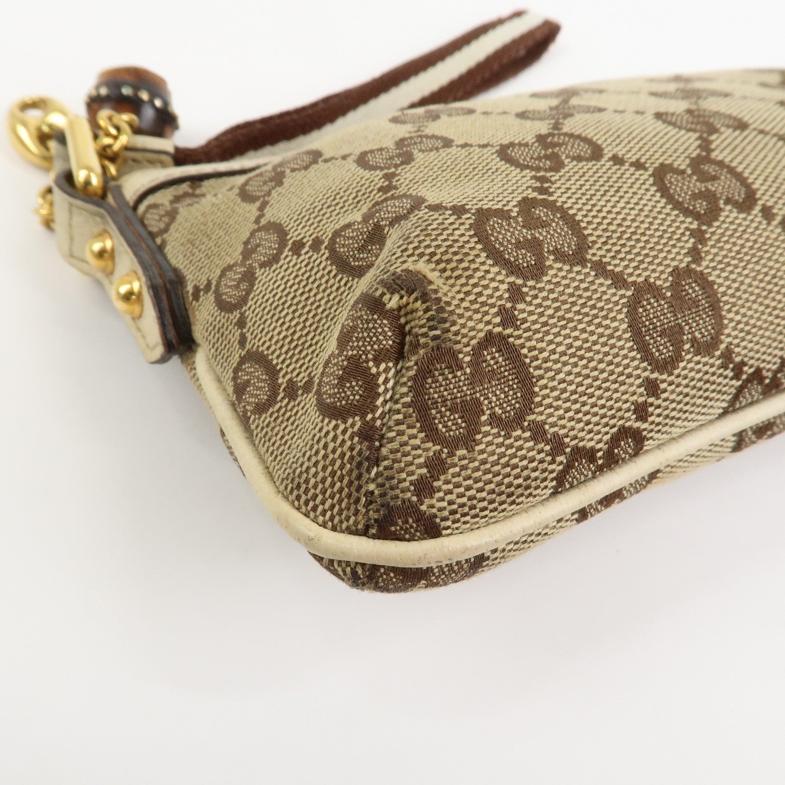 GUCCI Bamboo GG Canvas Leather Cosmetic Pouch Clutch Beige 159913
