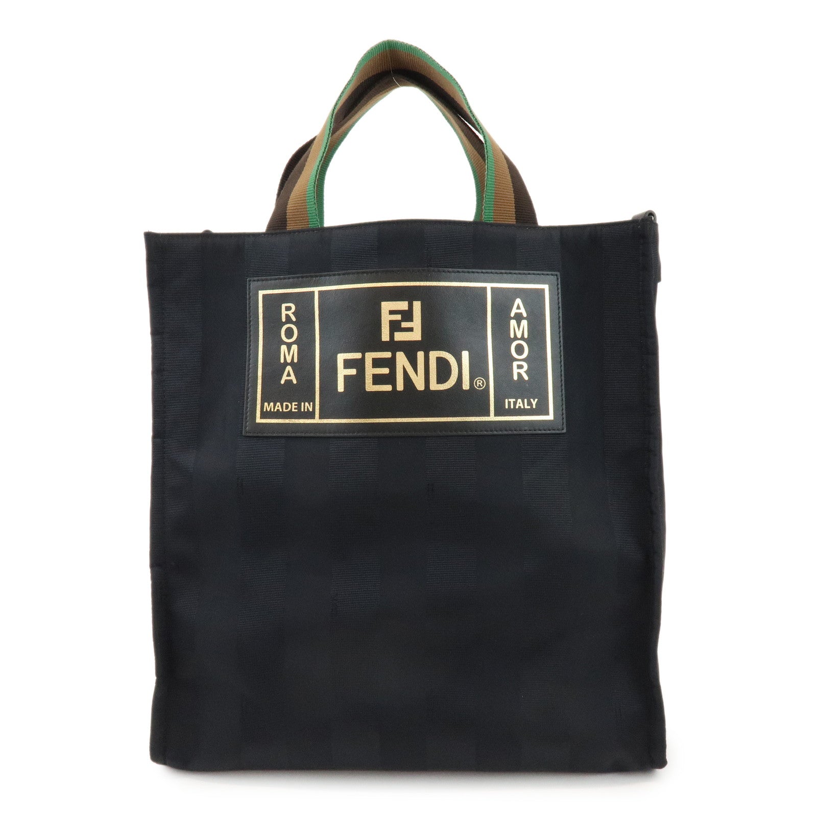 FENDI Pequin Nylon Leather Tote Bag Hand Bag Black 7VA454