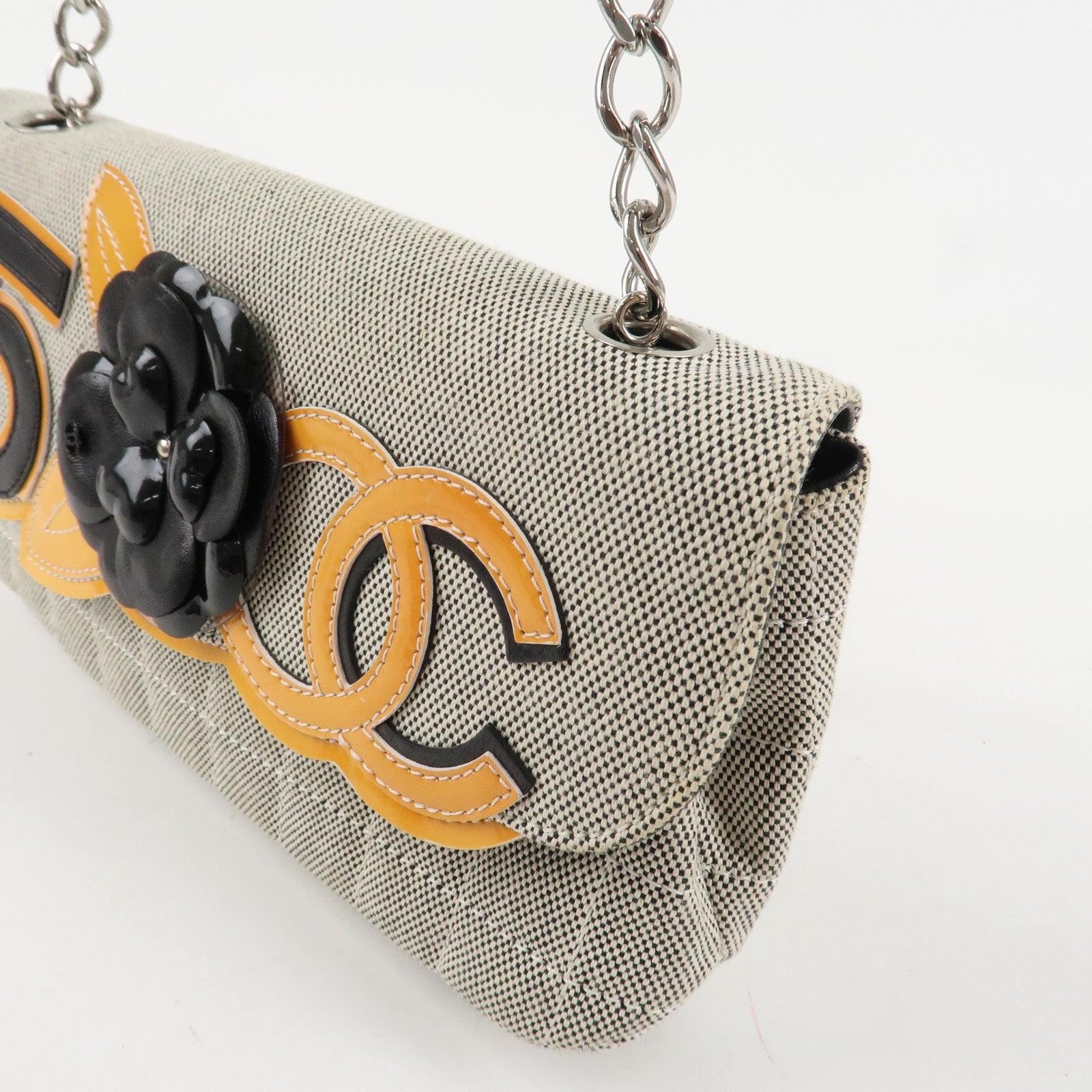 CHANEL COCO Mark Canvas Patent Leather Chain Shoulder Bag Grey Orange Used