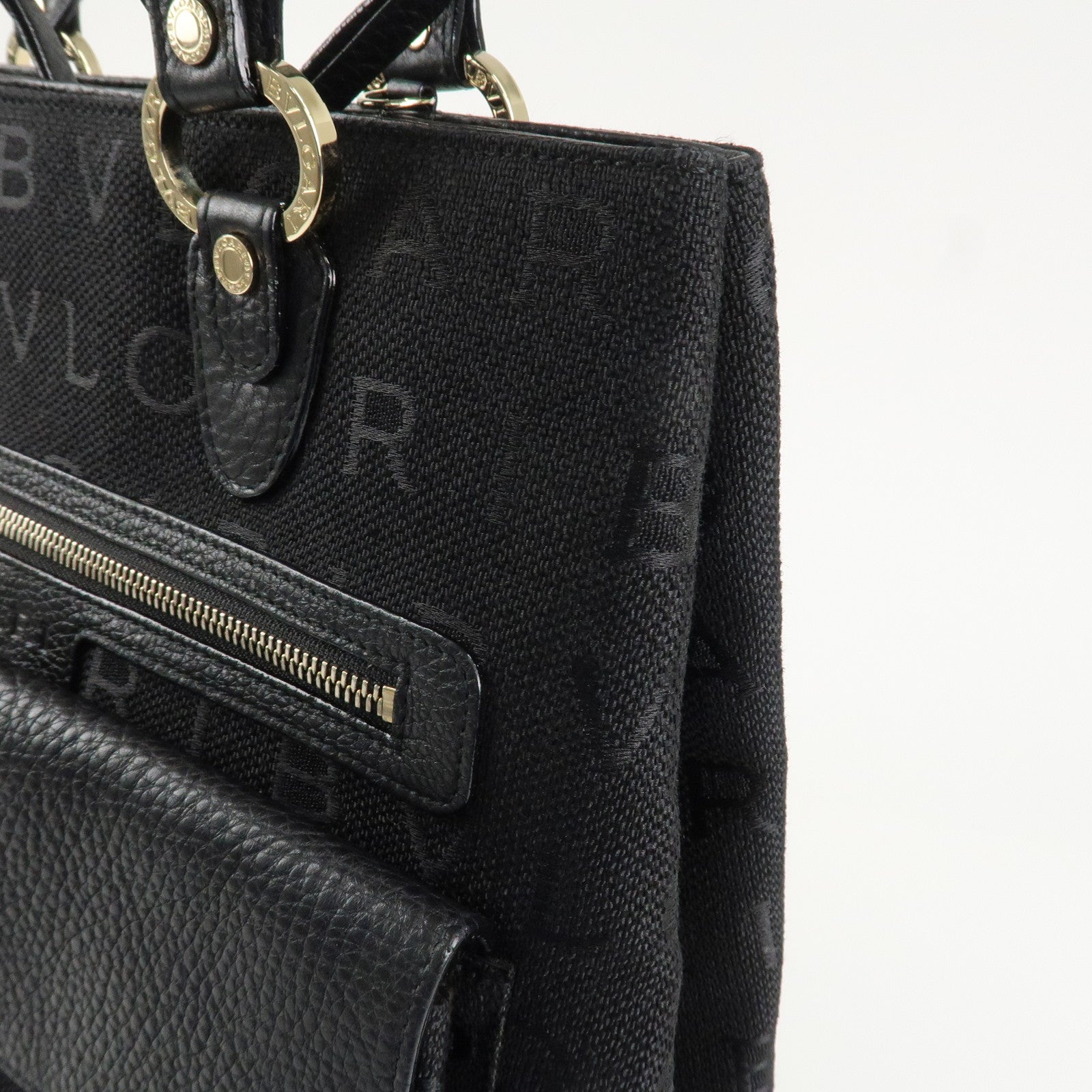 BVLGARI Logo Mania Canvas Leather Tote Bag Black Gold Hardware Used