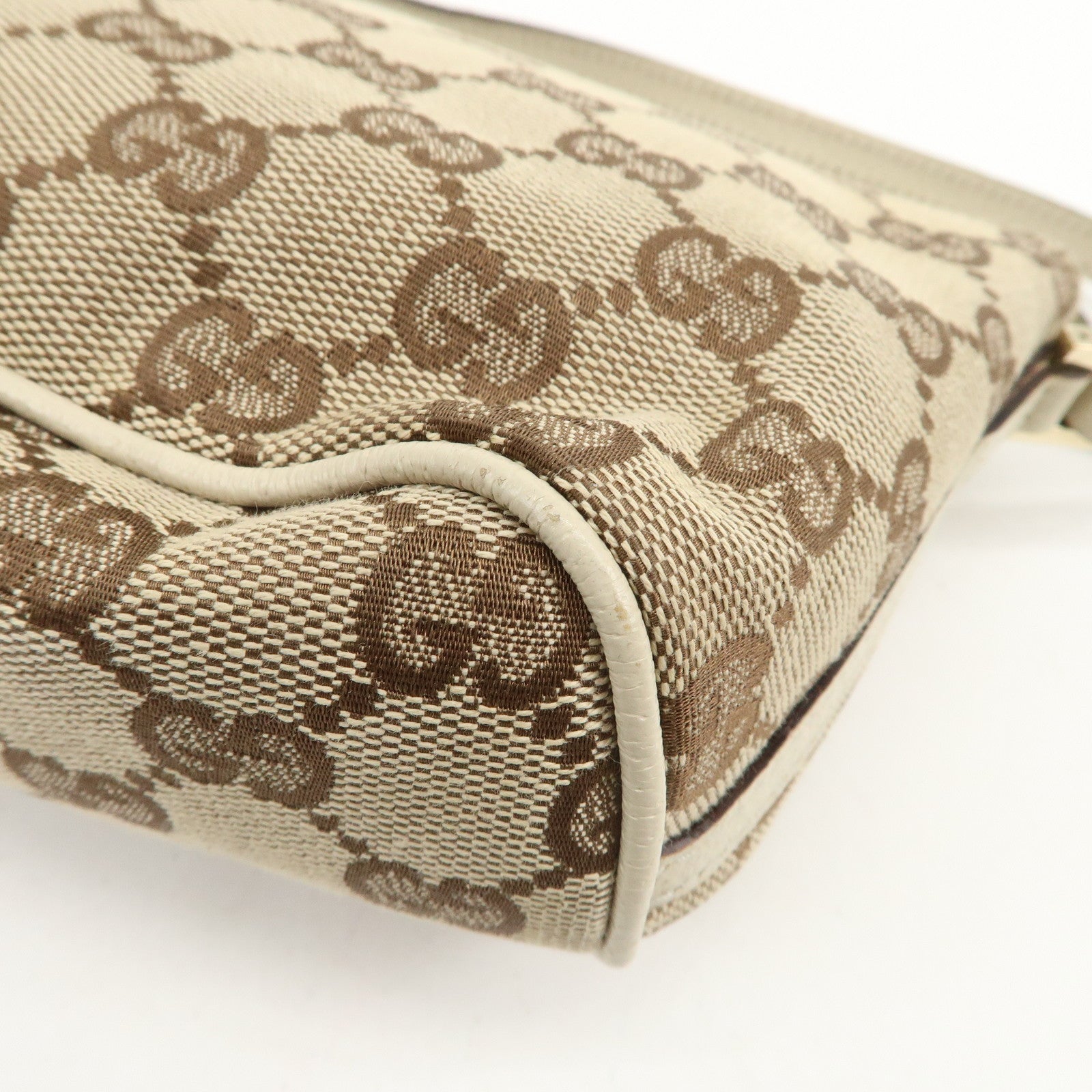 GUCCI Boat Bag GG Canvas Leather Hand Bag Pouch Brown Ivory 07198