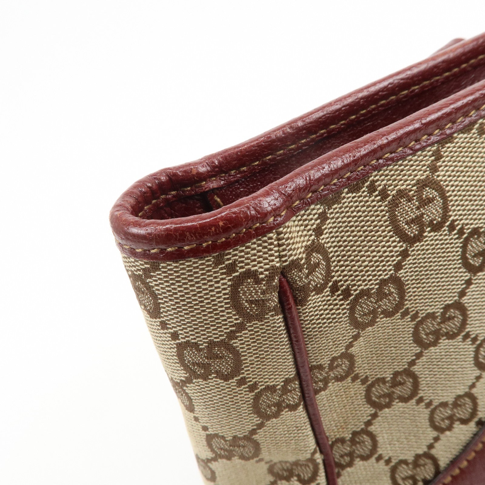 GUCCI GG Monogram Canvas Leather Tote Bag Beige Bordeaux 113011