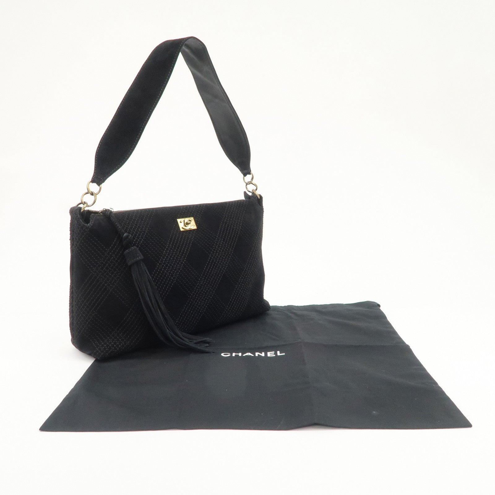 CHANEL Suede Shoulder Bag Hand Bag Tassel Black Used
