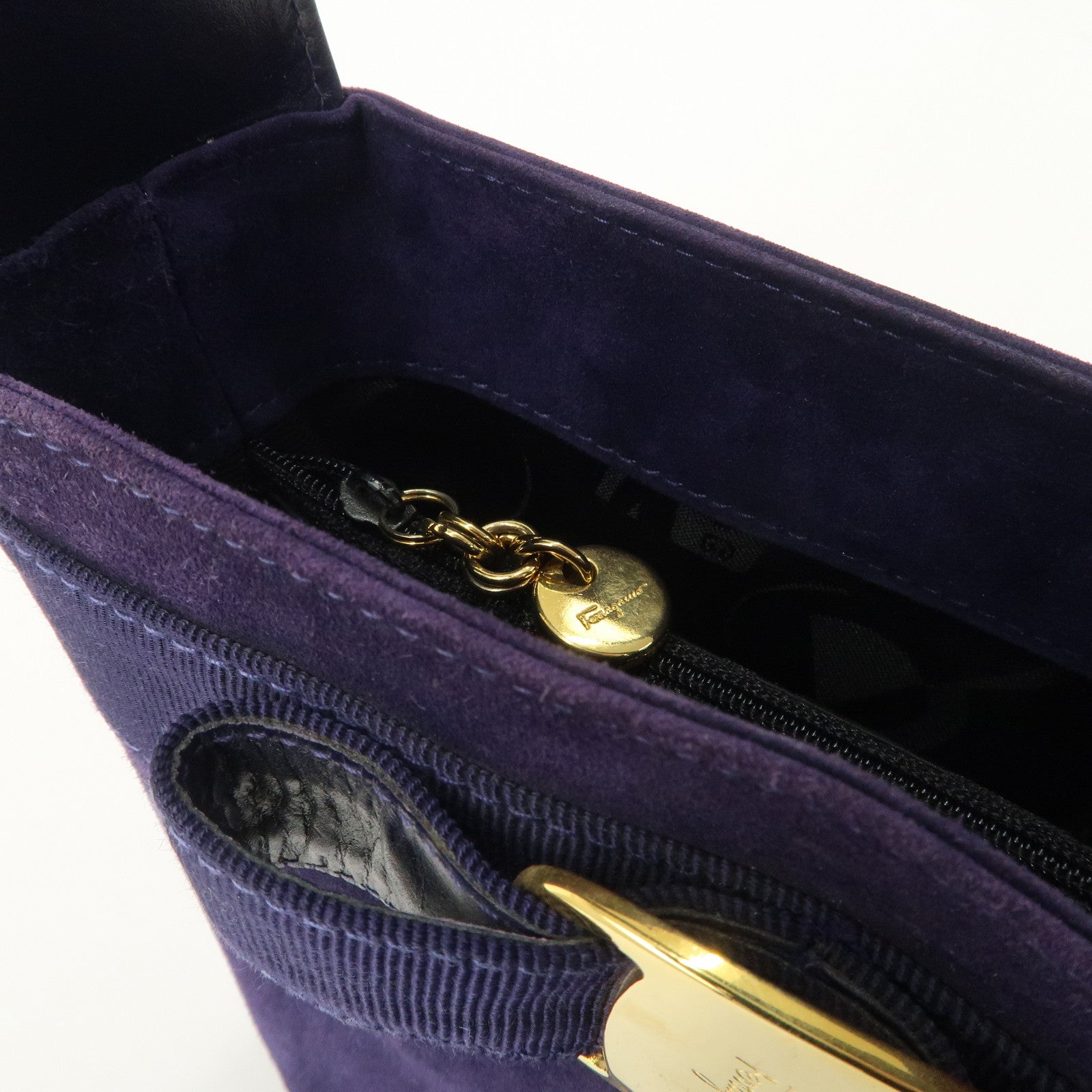 Ferragamo Vara Ribon Suede Hand Bag Purple Gold Hardware Used