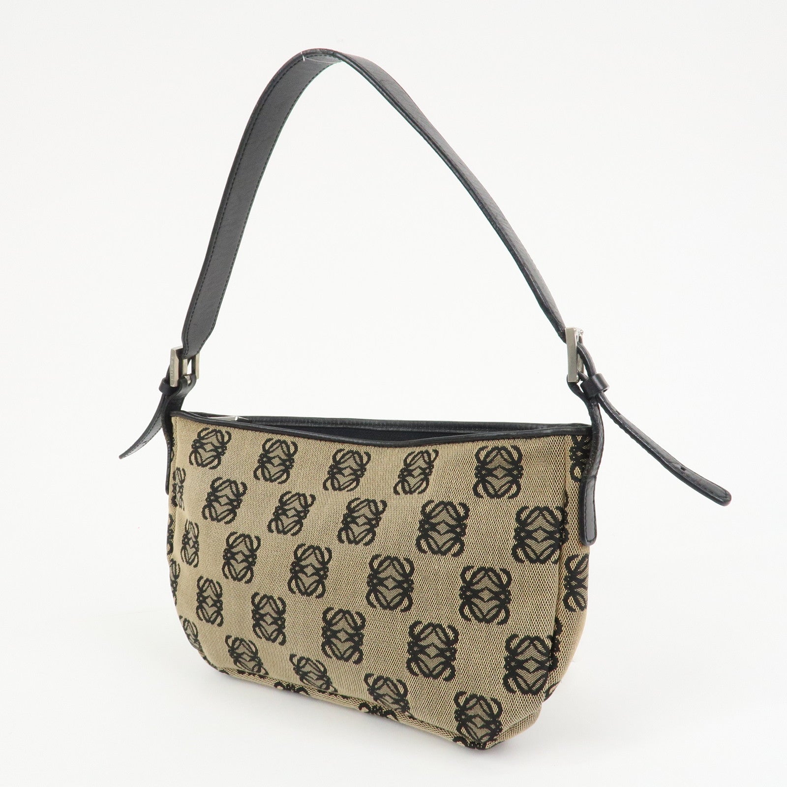 LOEWE Anagram Logo Canvas Leather Shoulder Bag Hand Bag Beige Black