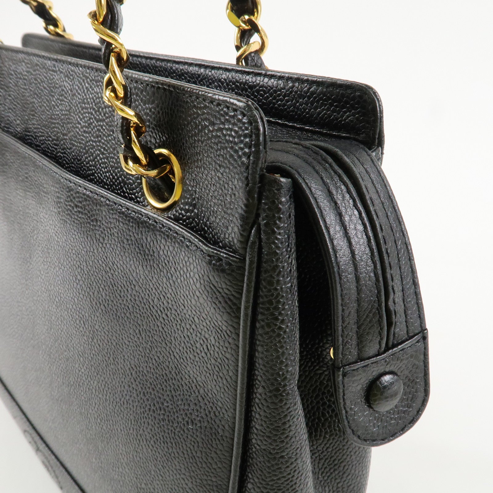 CHANEL Triple COCO Caviar Skin Chain Shoulder Bag Black Gold Hardware Used