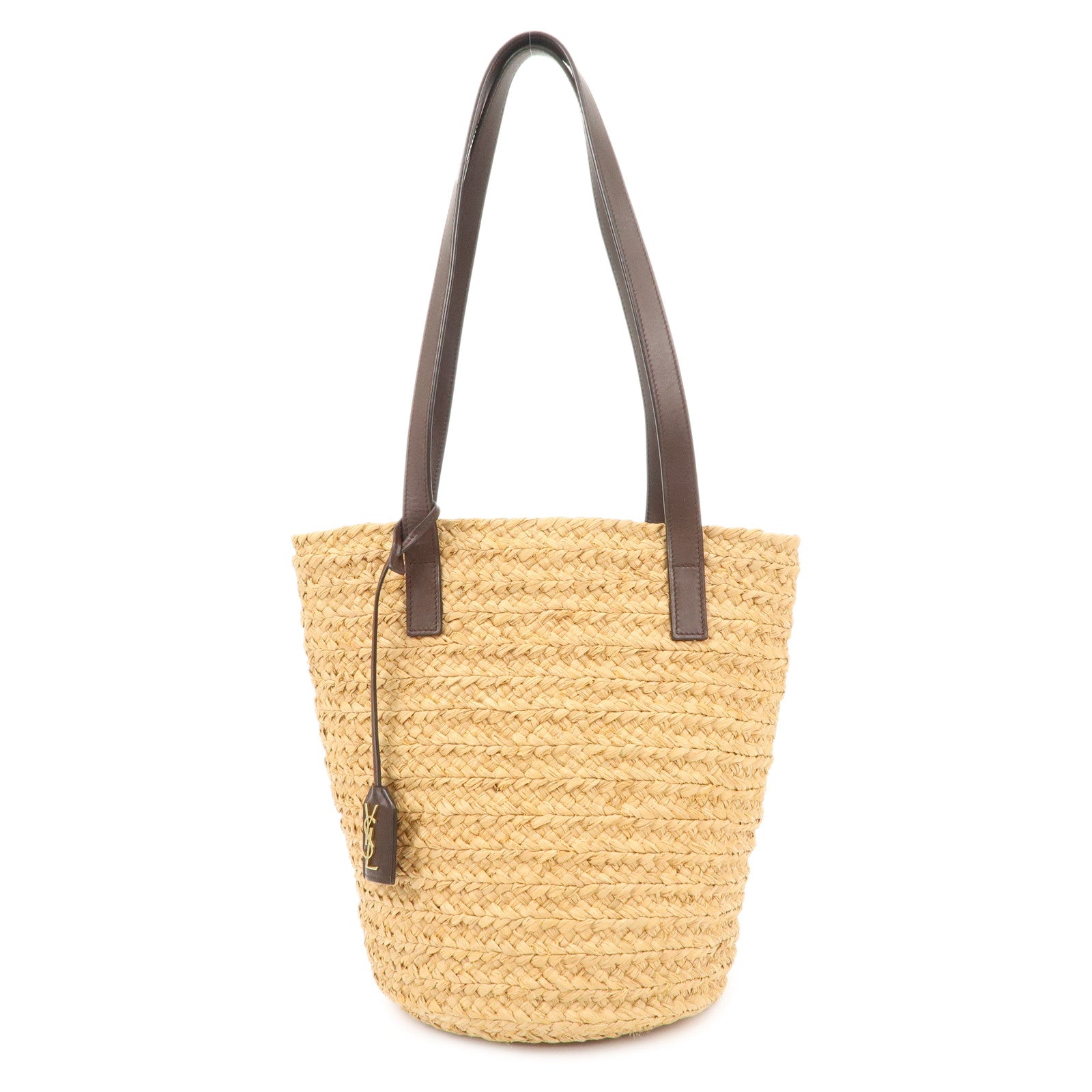 SAINT LAURENT Leather Raffia Tote Bag Shoulder Bag Beige Dark Brown Used