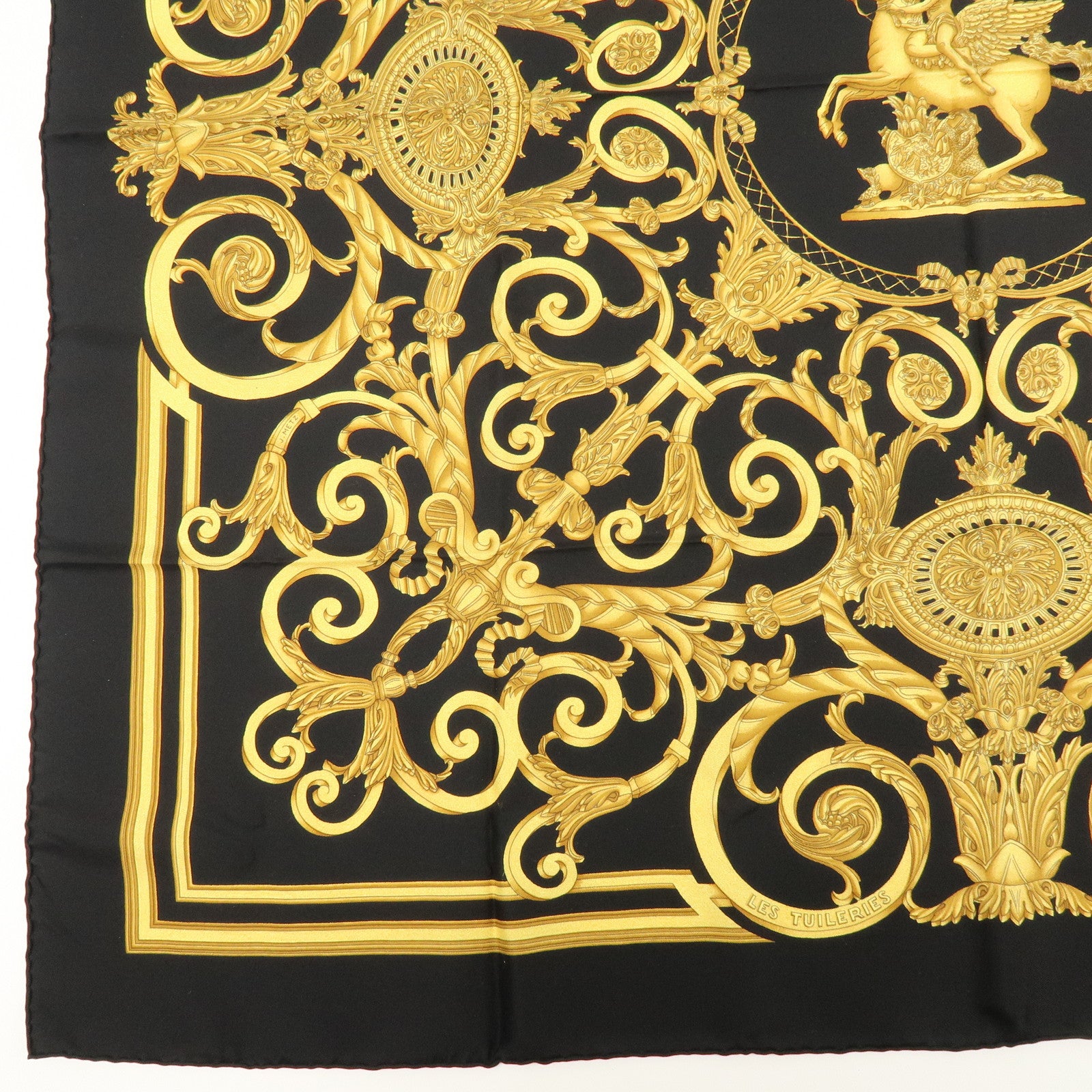 HERMES Carre 90 Silk 100% Scarf LES TUILERIES Black Gold