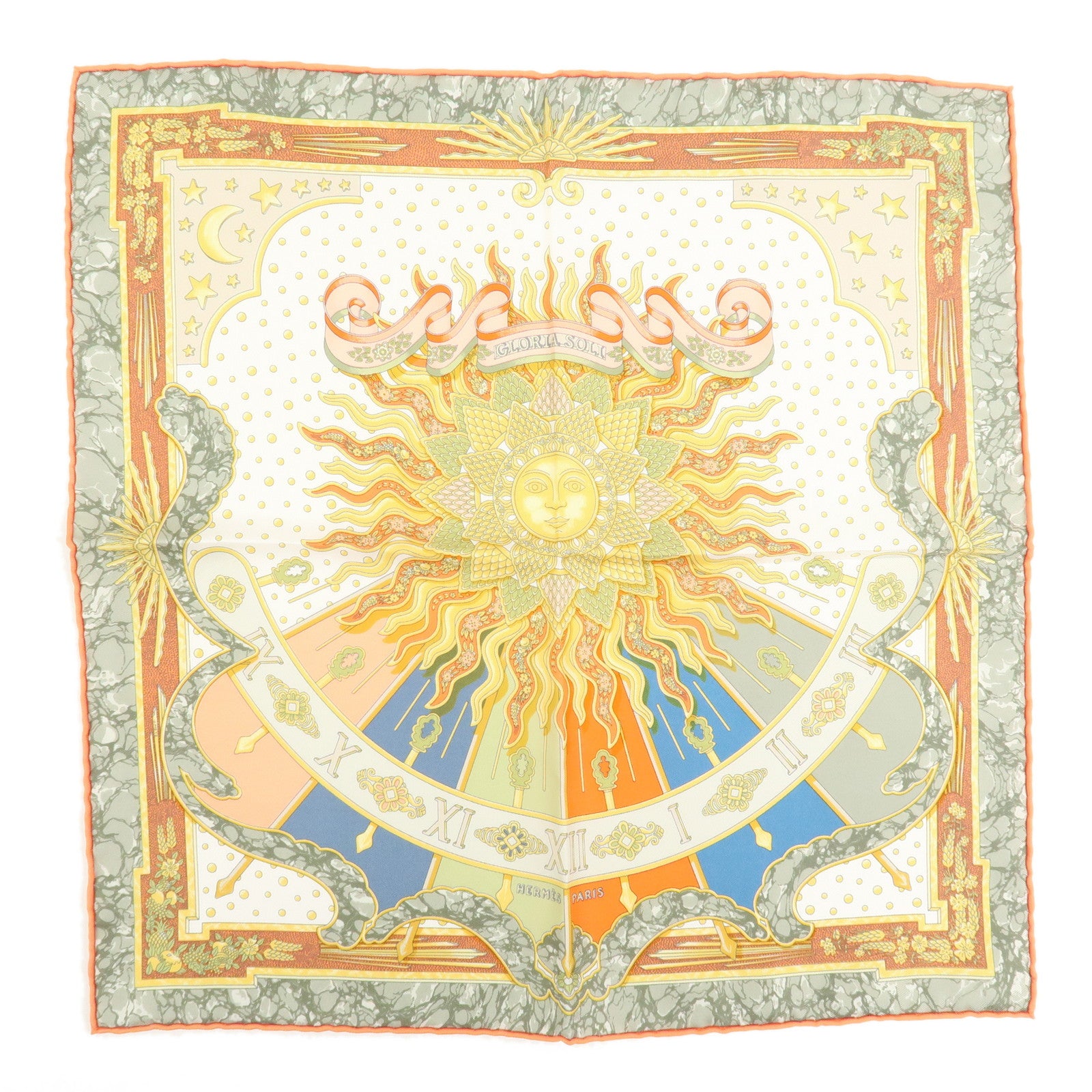 HERMES Carre 40 Silk 100% Scarf CARPE DIEM Clock Print