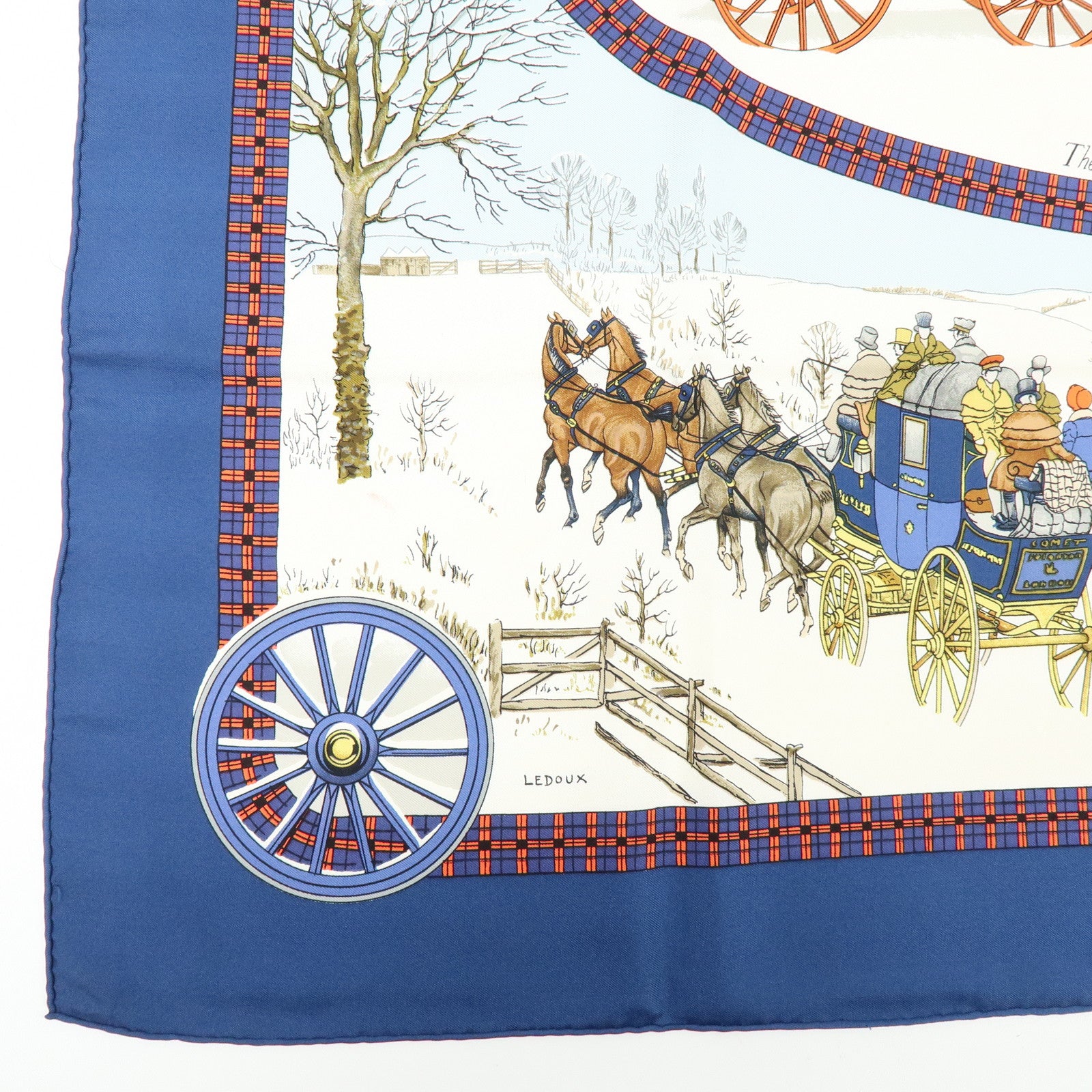 HERMES Carre 90 Silk 100% L'HIVER EN POSTE Scarf Navy Brown