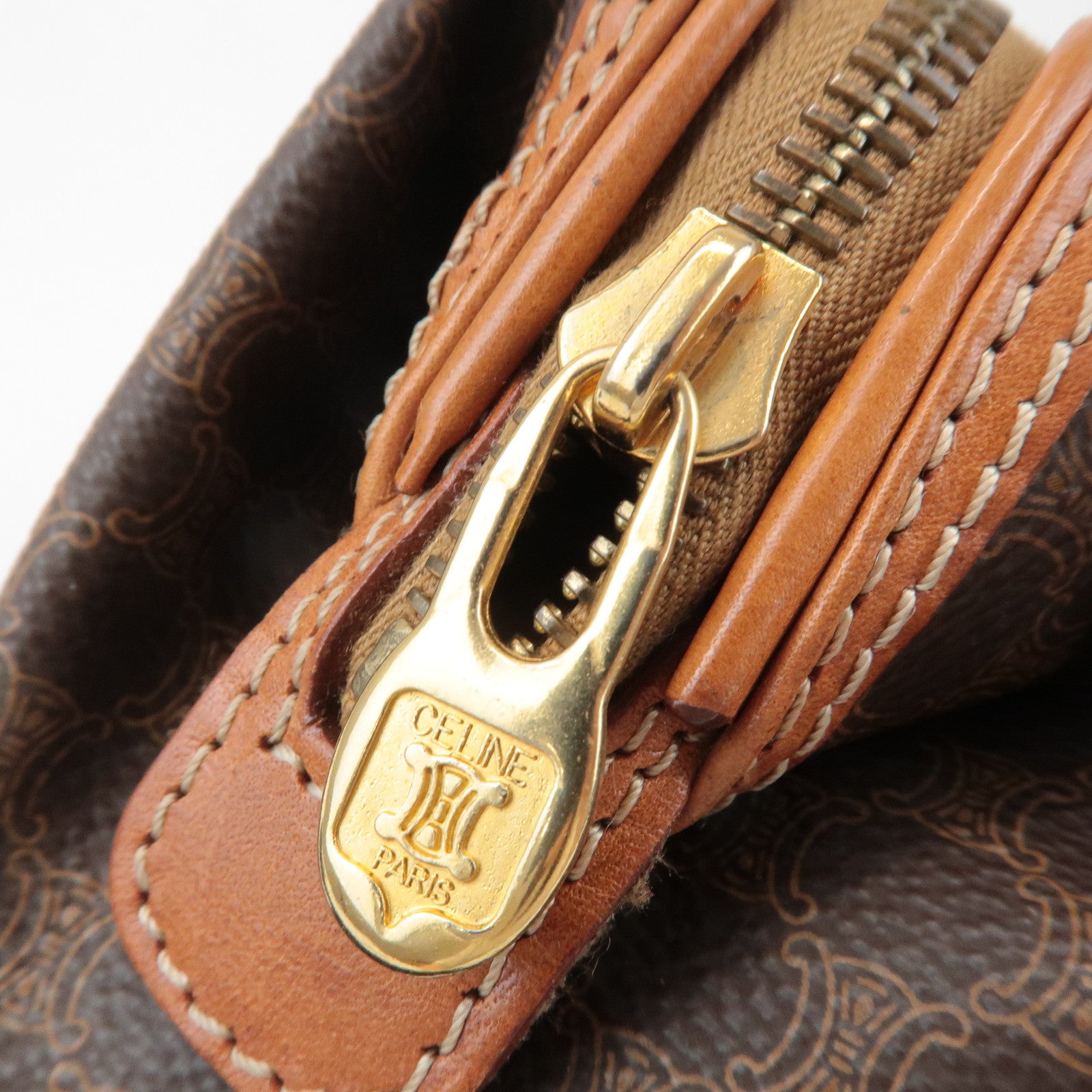 CELINE Macadam PVC Leather Canvas Pouch Brown Gold Hardware