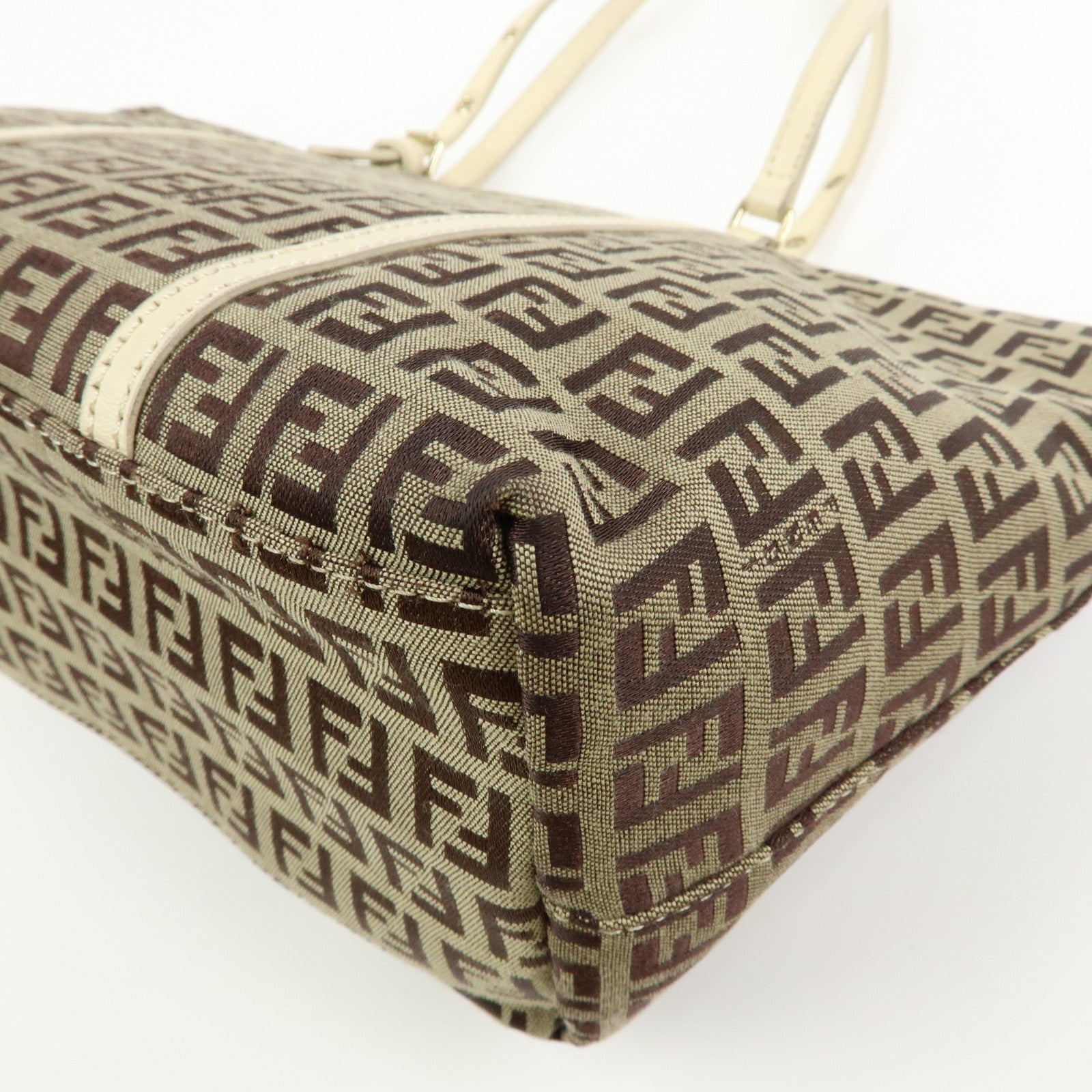 FENDI Zucchino Canvas Leather Tote Bag Hand Bag Brown Ivory 8BH214