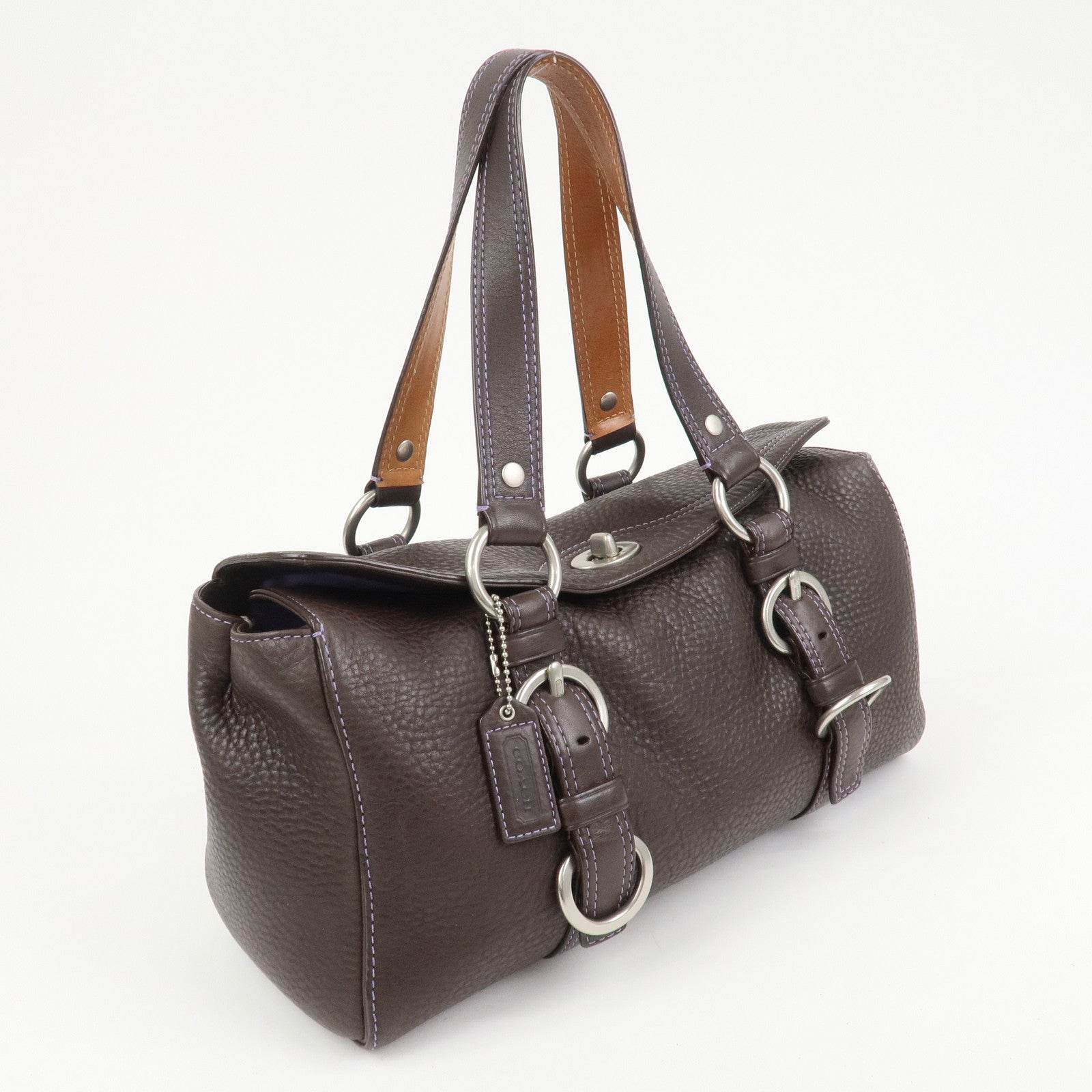 COACH Logo Leather Shoulder Bag Hand Bag Boston Bag Dark Brown