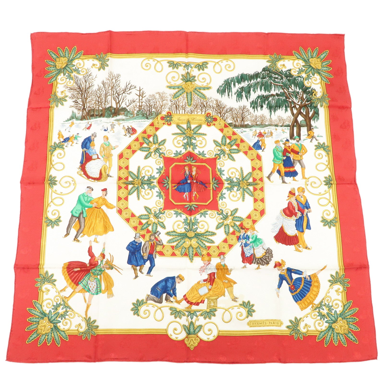 HERMES Carre 90 Silk 100% Scarf Joies d’Hiver Red Gold Used
