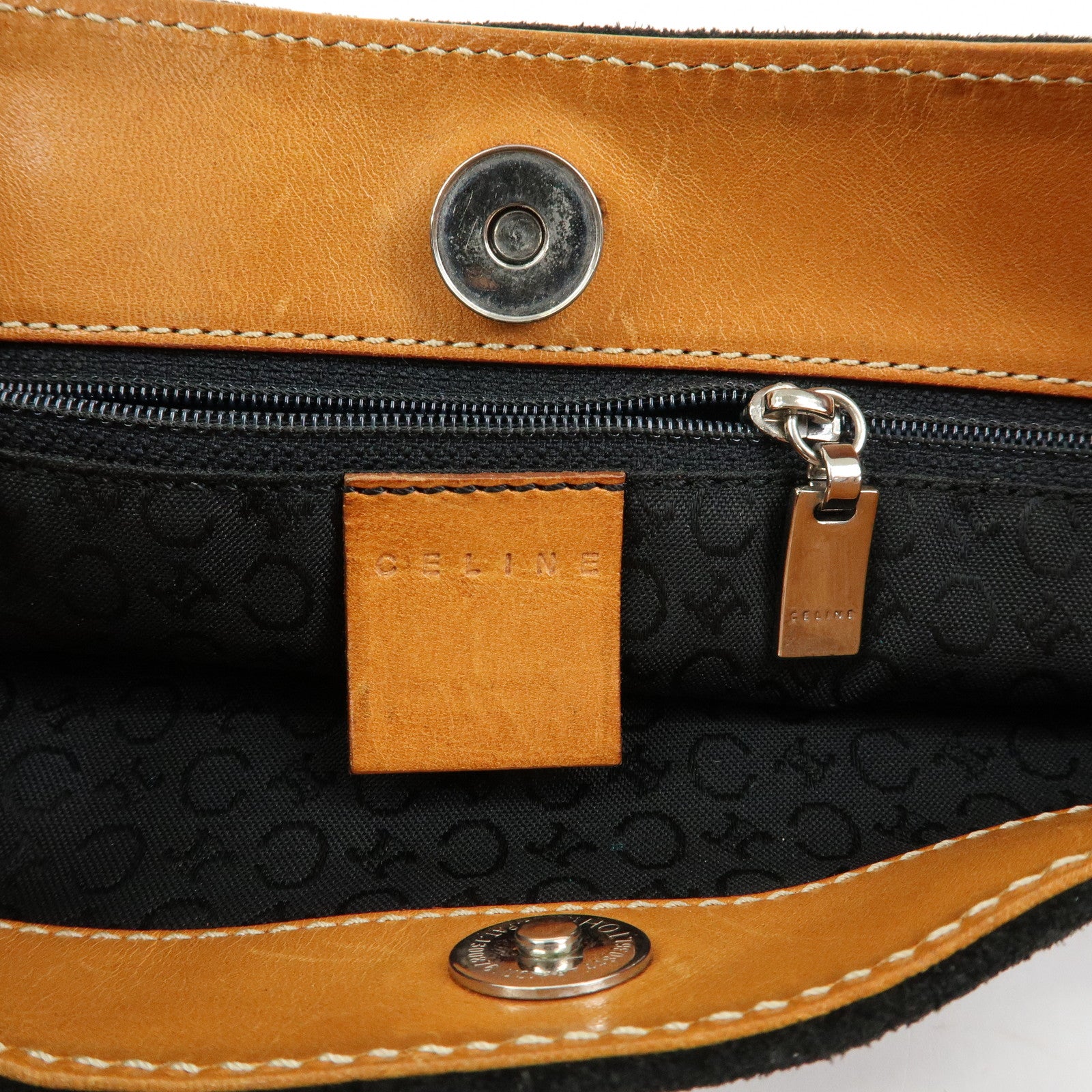 CELINE C Macadam Suede Leather Shoulder Bag Black Brown