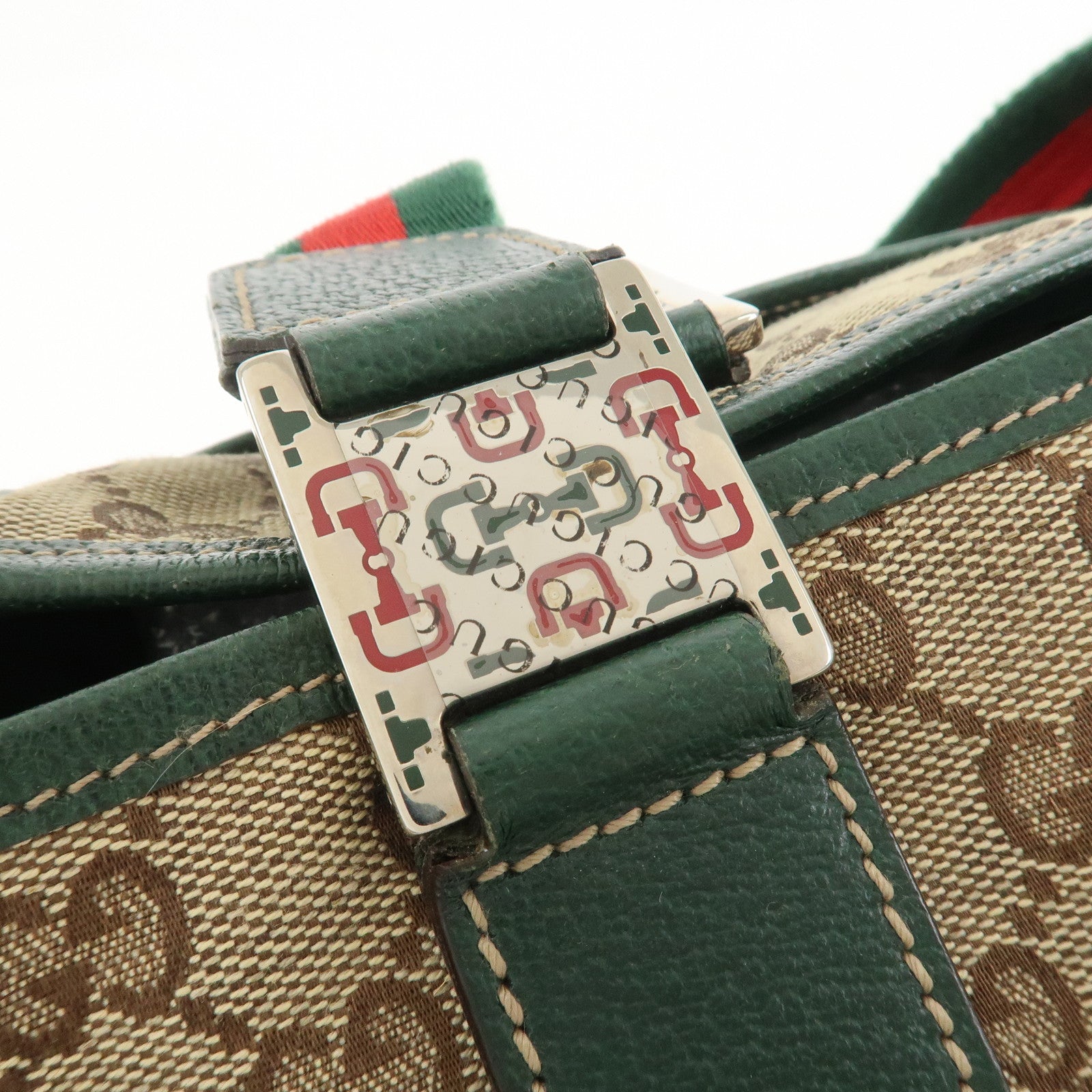 GUCCI Sherry GG Canvas Leather Hand Bag Brown Green 145810