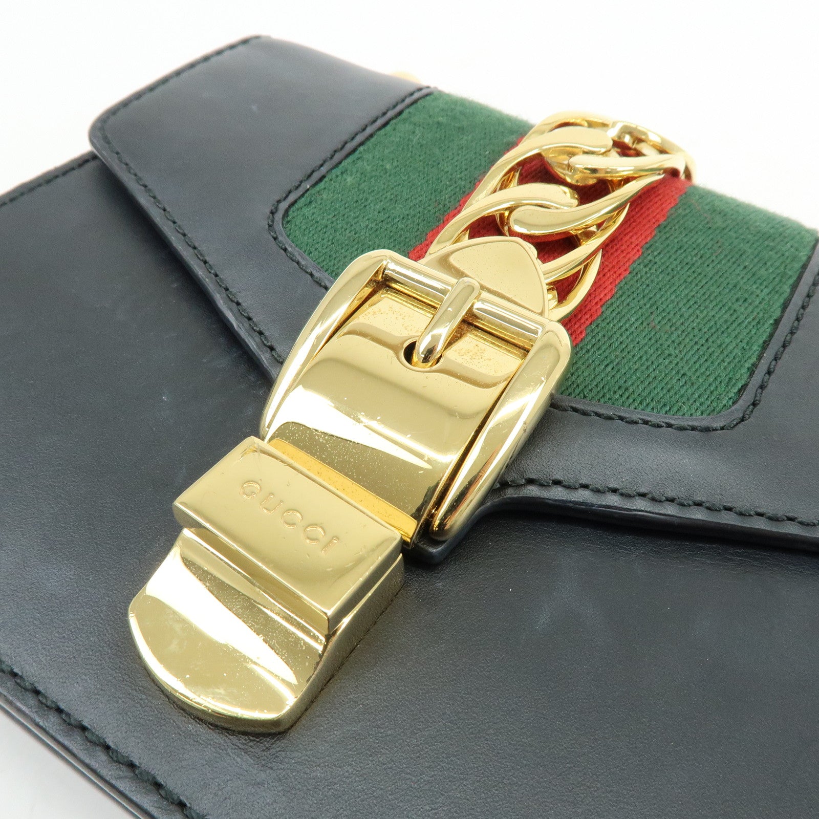 GUCCI Sylvie Sherry Leather Chain Shoulder Bag Black 431666