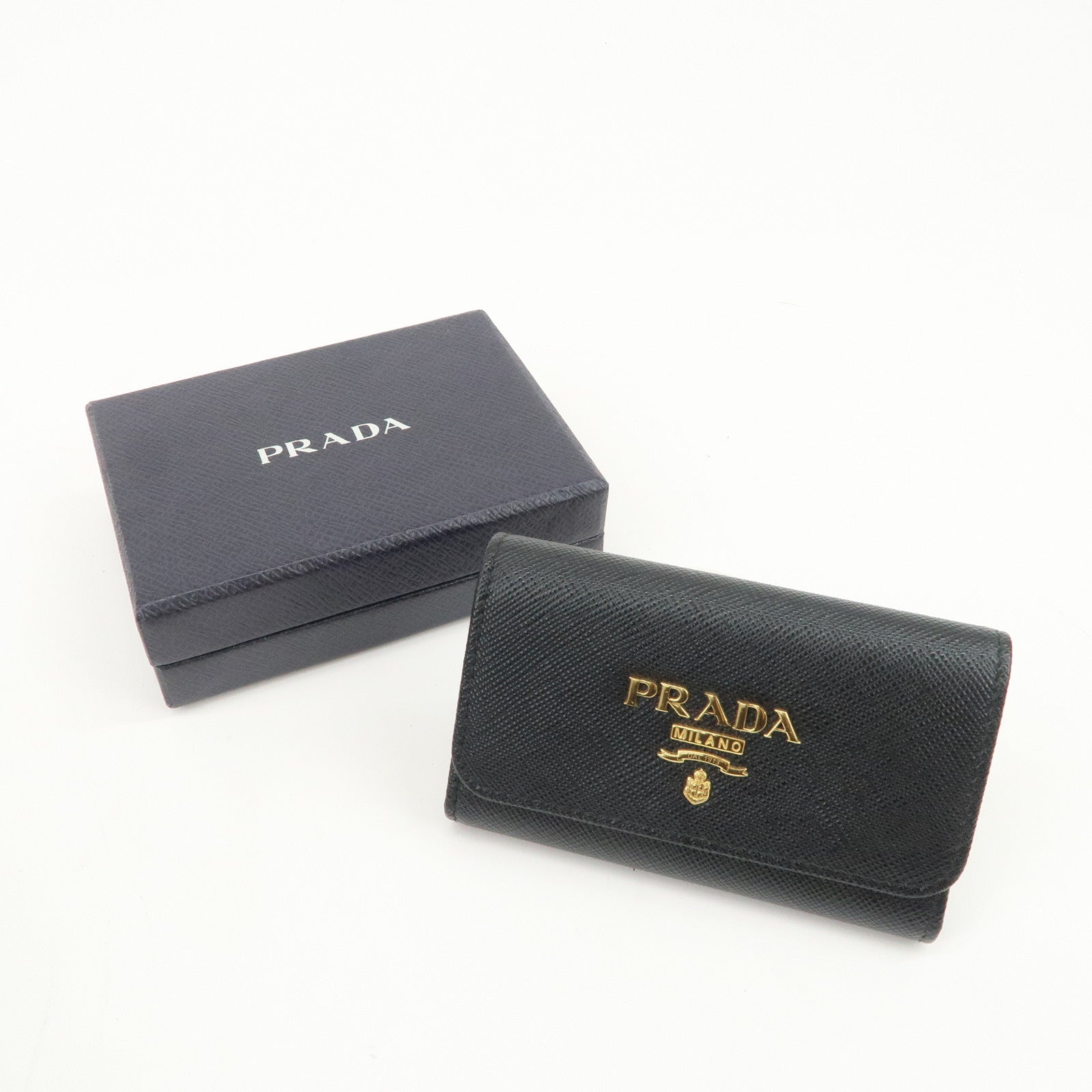 PRADA Logo Saffiano Leather 4 Rings Key Case Black 1PG004