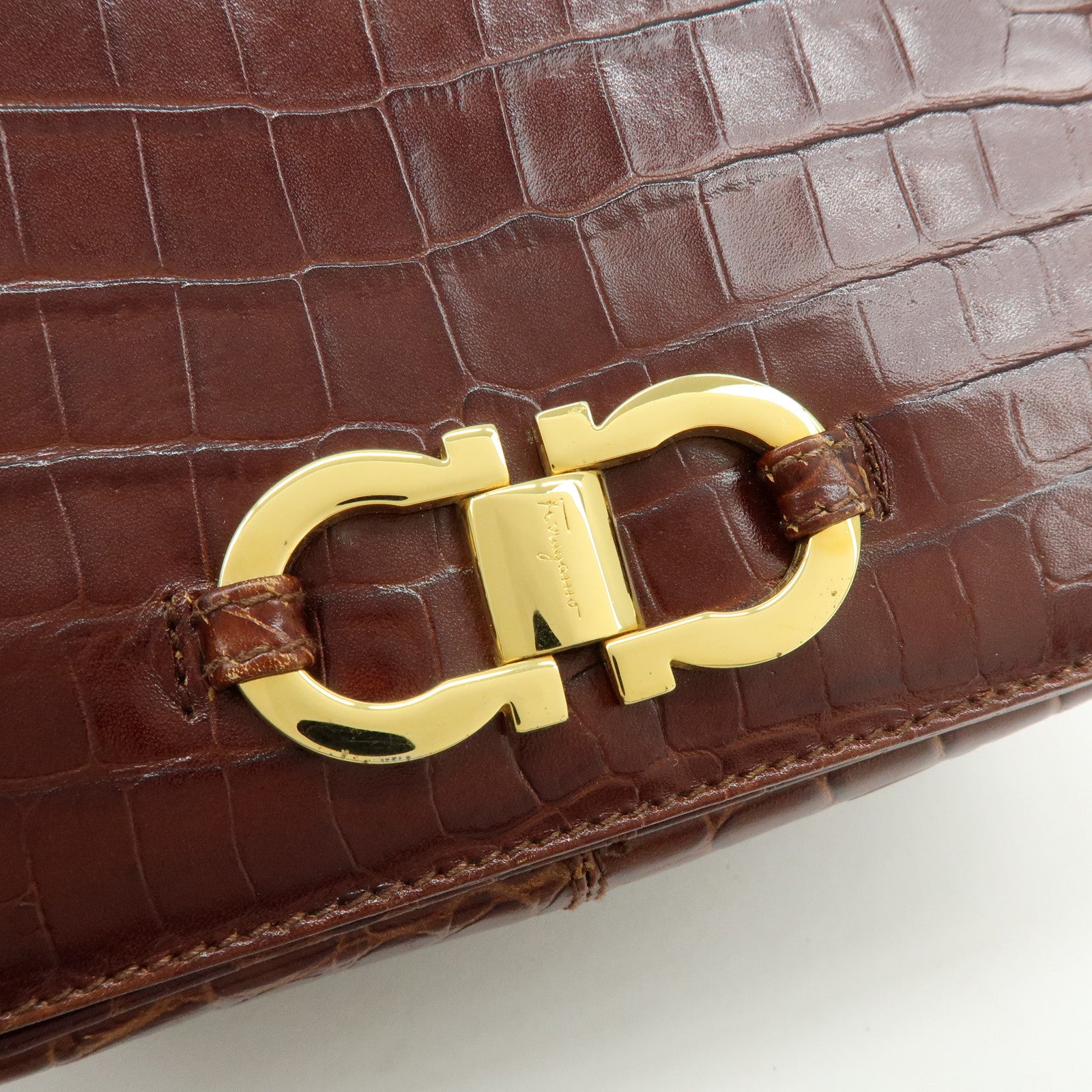 Ferragamo Gancini Embossed Leather Shoulder Bag Crossbody Bag Brown