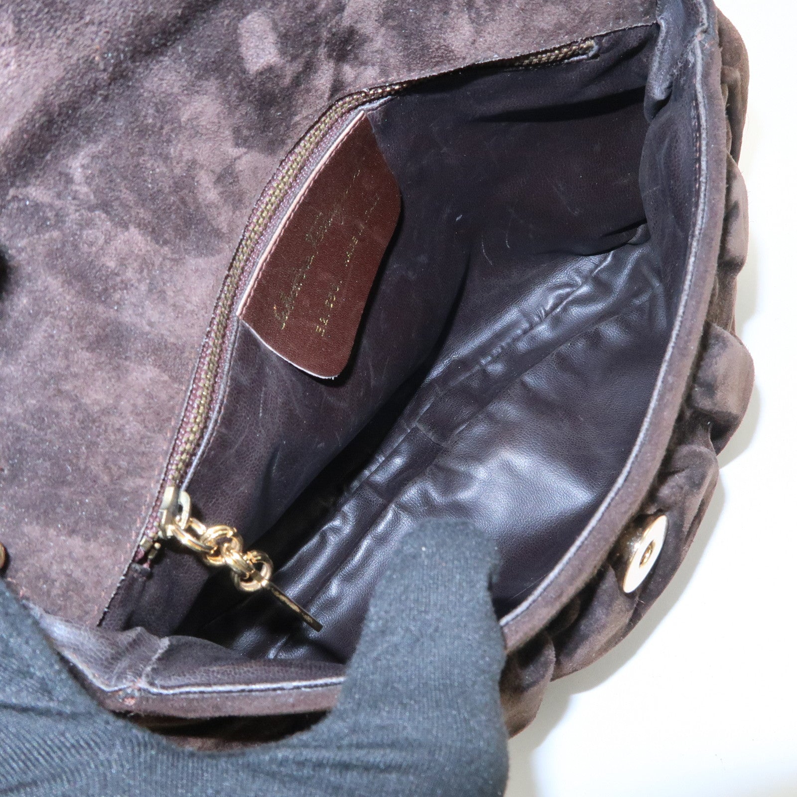 Ferragamo Suede Chain Shoulder Bag Dark Brown