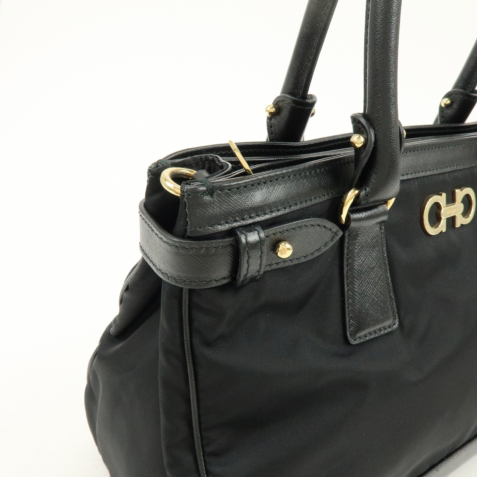 Ferragamo Gancini Nylon Leather 2Way Bag Hand Shoulder Bag Black
