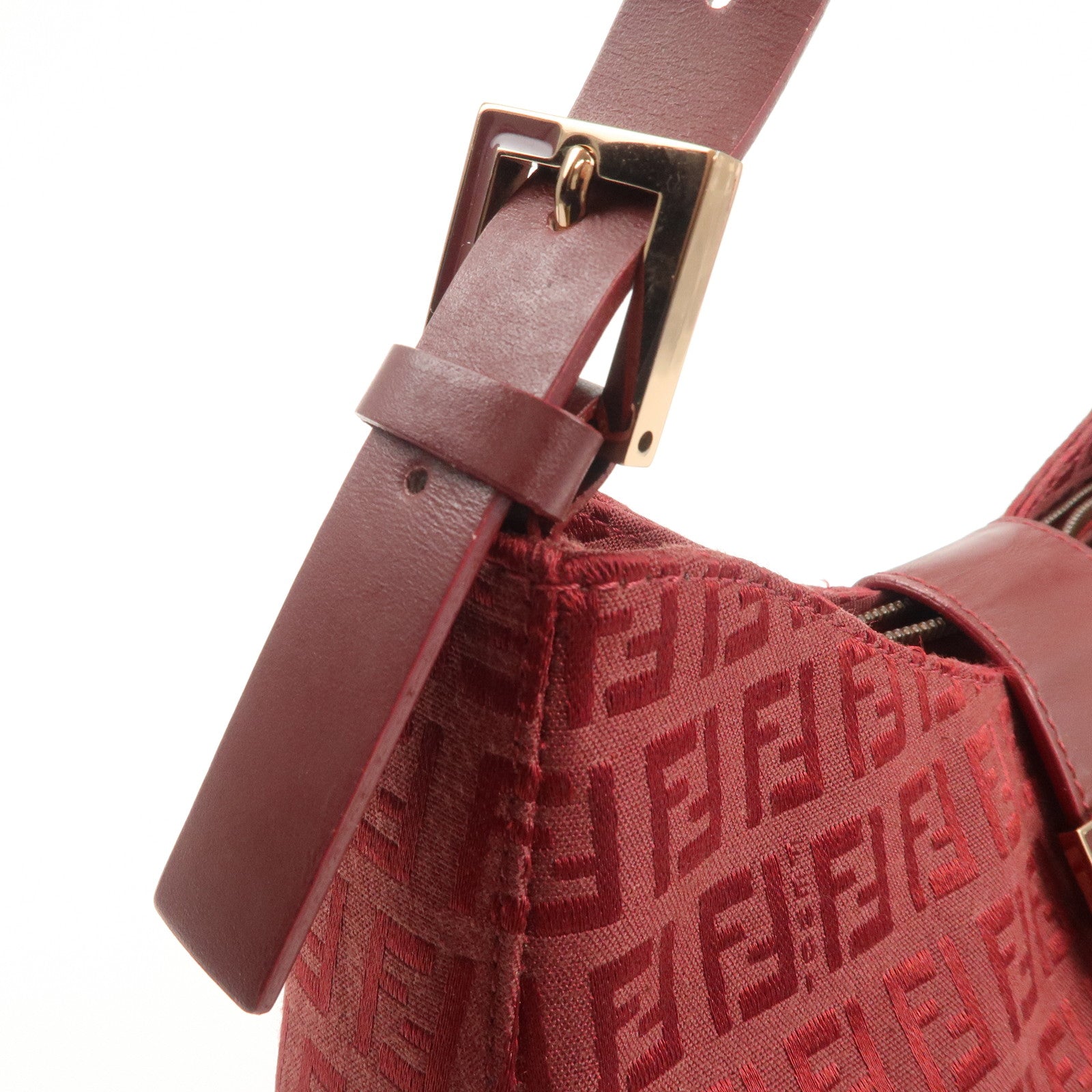 FENDI Zucchino Leather Canvas Shoulder Bag Hand Bag Red Used