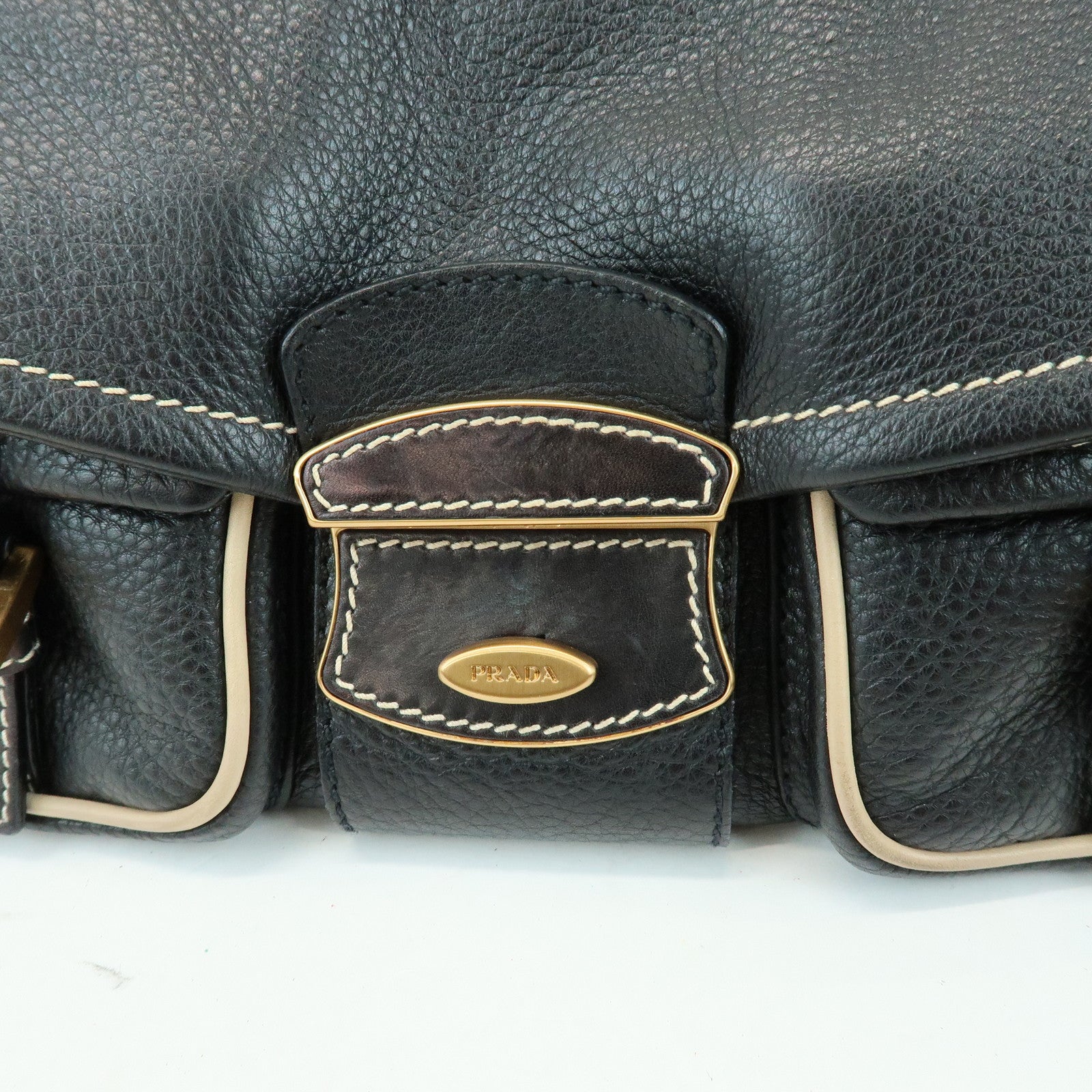 PRADA Logo Leather Stitch Shoulder Bag Hand Bag Black