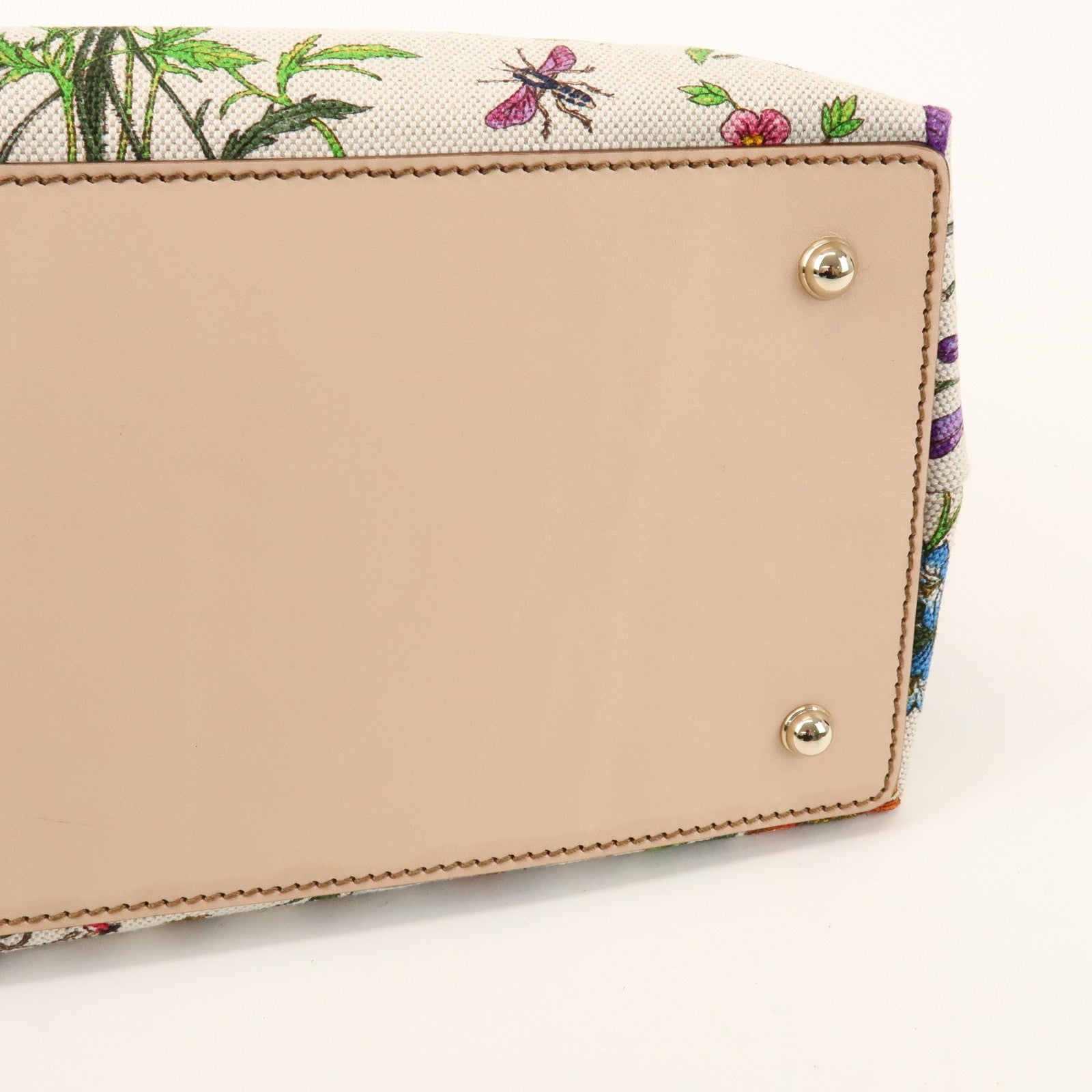 GUCCI Bamboo Flora Canvas Leather Hand Bag Multicolor Beige 137395