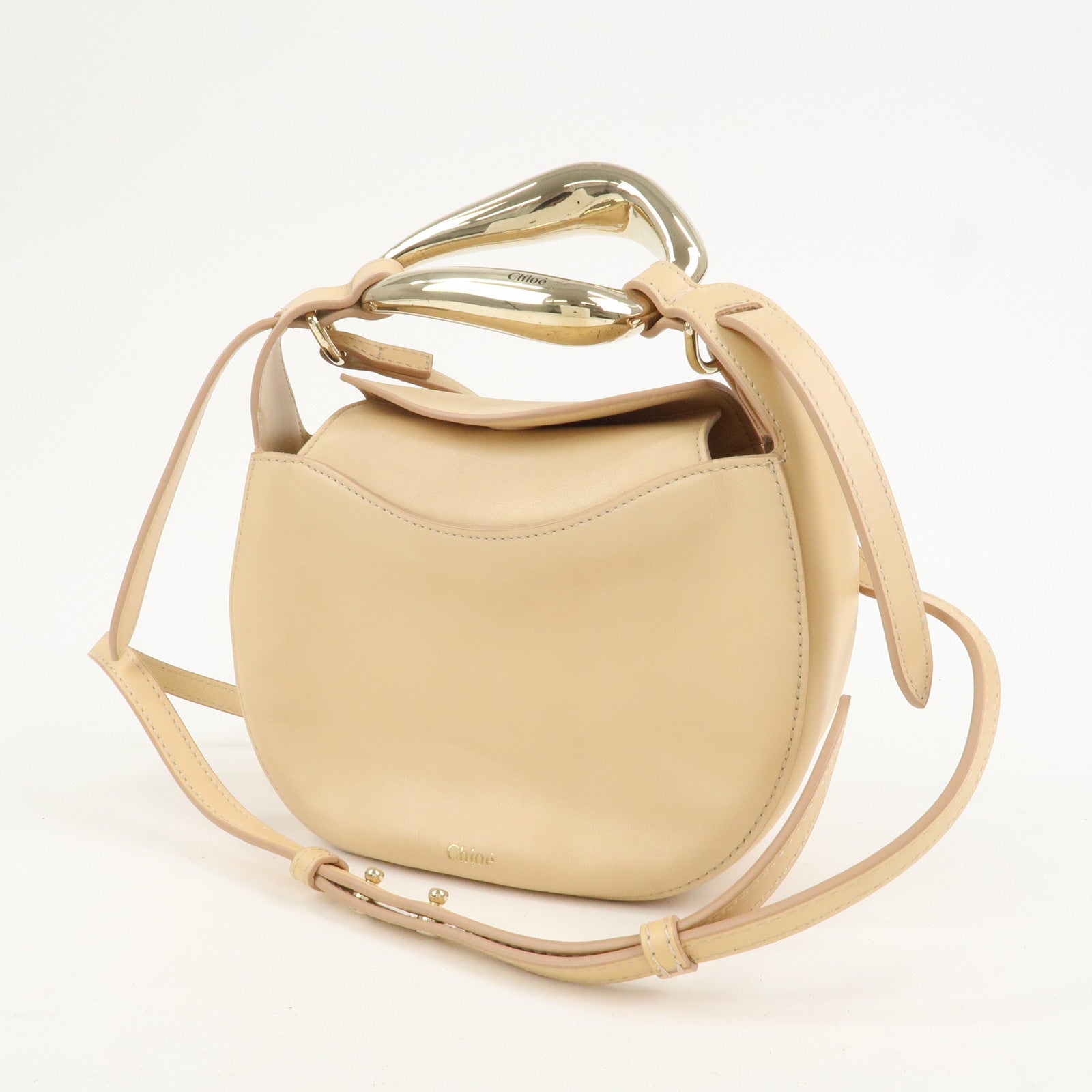 Chloe Kiss Logo Leather 2way Bag Hand Bag Shoulder Bag Beige