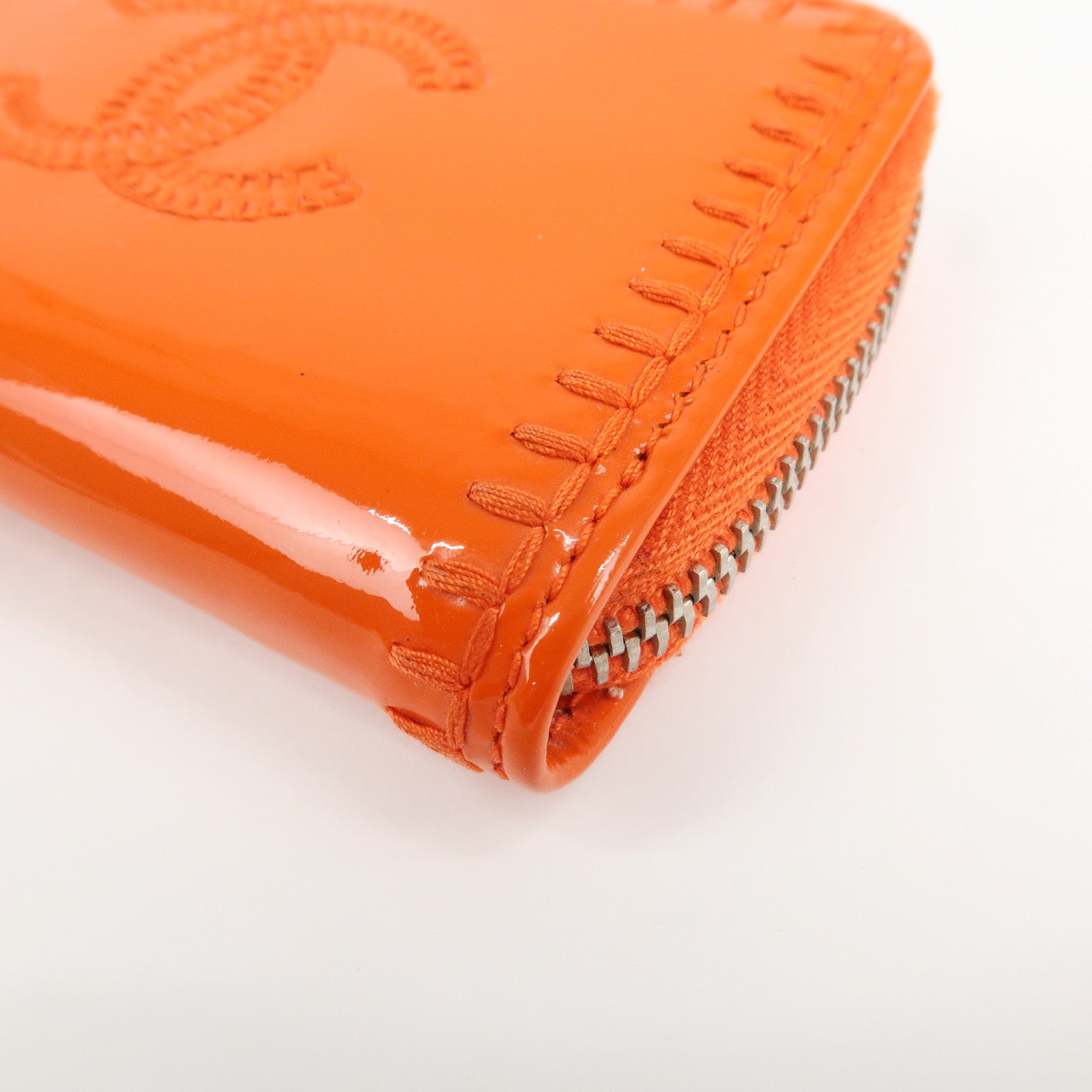CHANEL COCO Mark Enamel Leather Round Zippy Coin Case Orange A68890 Used