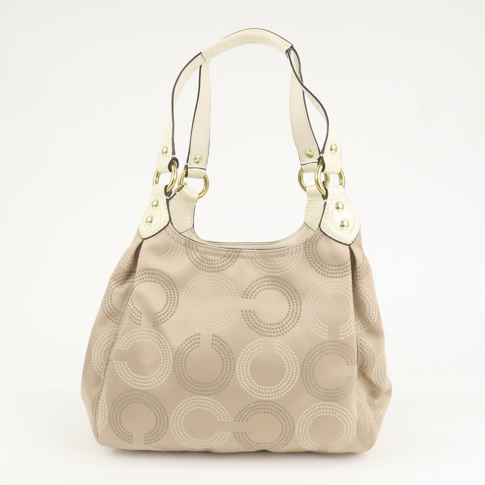 COACH Ashley Canvas Patent Leather Dot Op Art Hobo Bag Beige F21920 Used