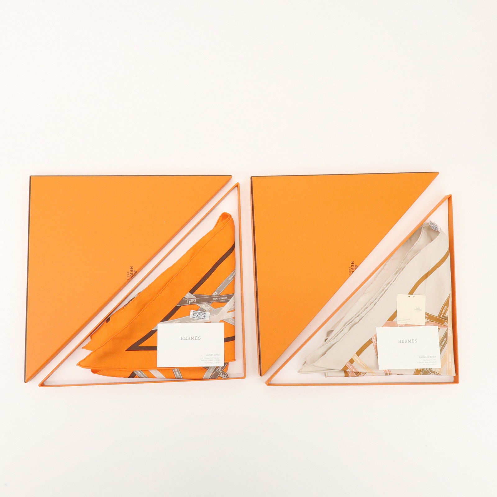 HERMES Pointu Set of 2 Silk 100% Scarf Ribbon Print Orange Beige