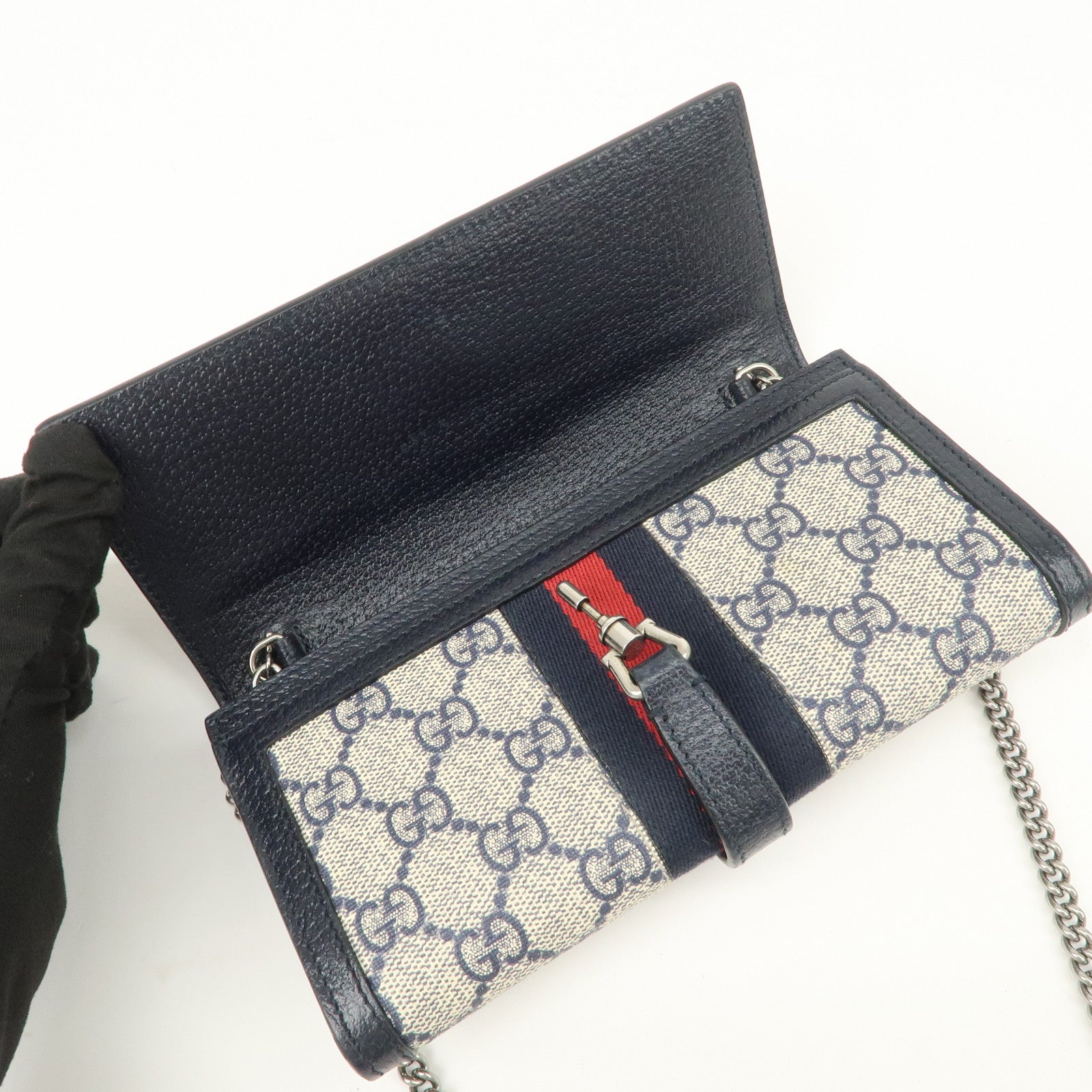 GUCCI New Jackie 1961 Sherry GG Supreme Chain Wallet Navy 652681