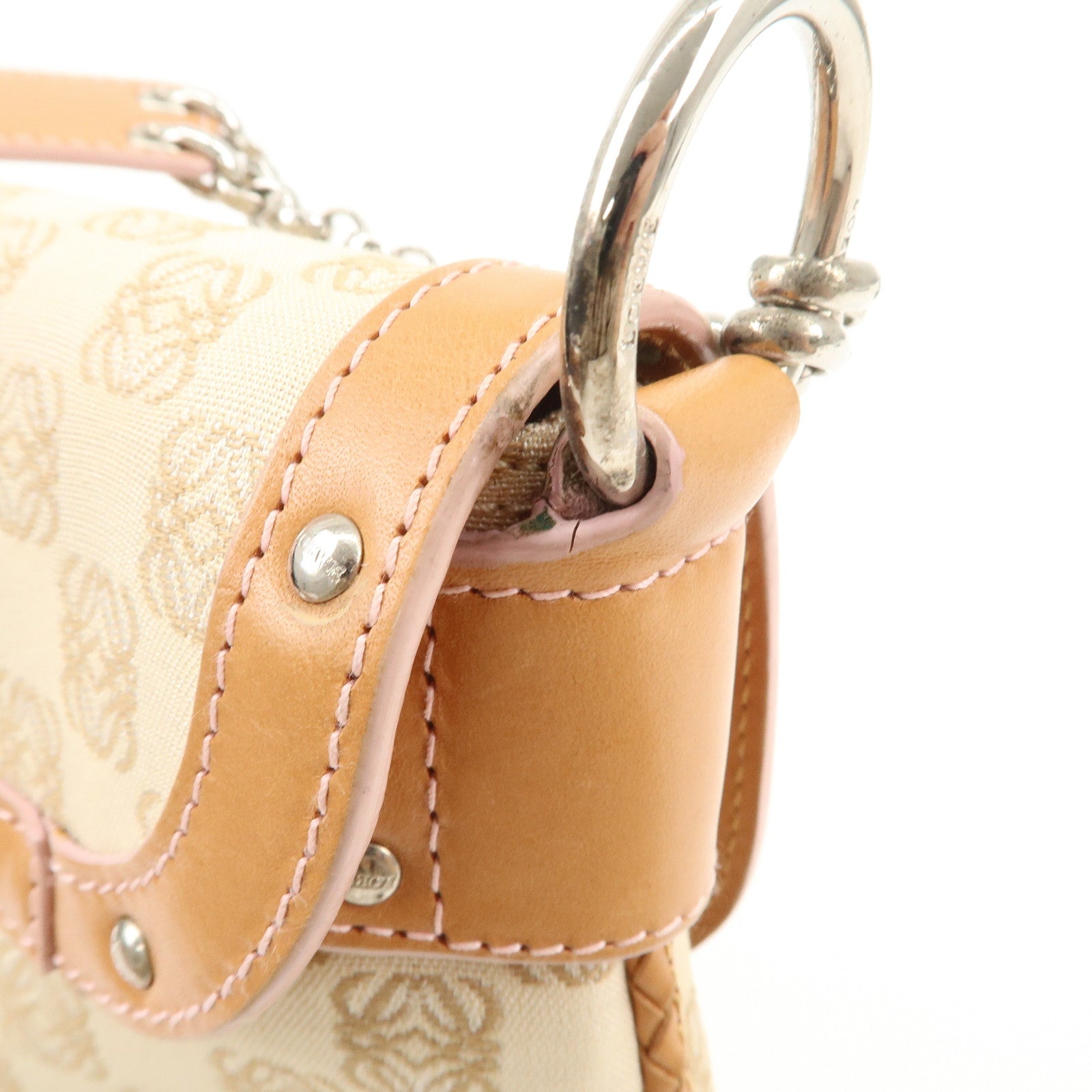 LOEWE Repeat Anagram Leather Canvas Chain Shoulder Bag Beige Brown Used