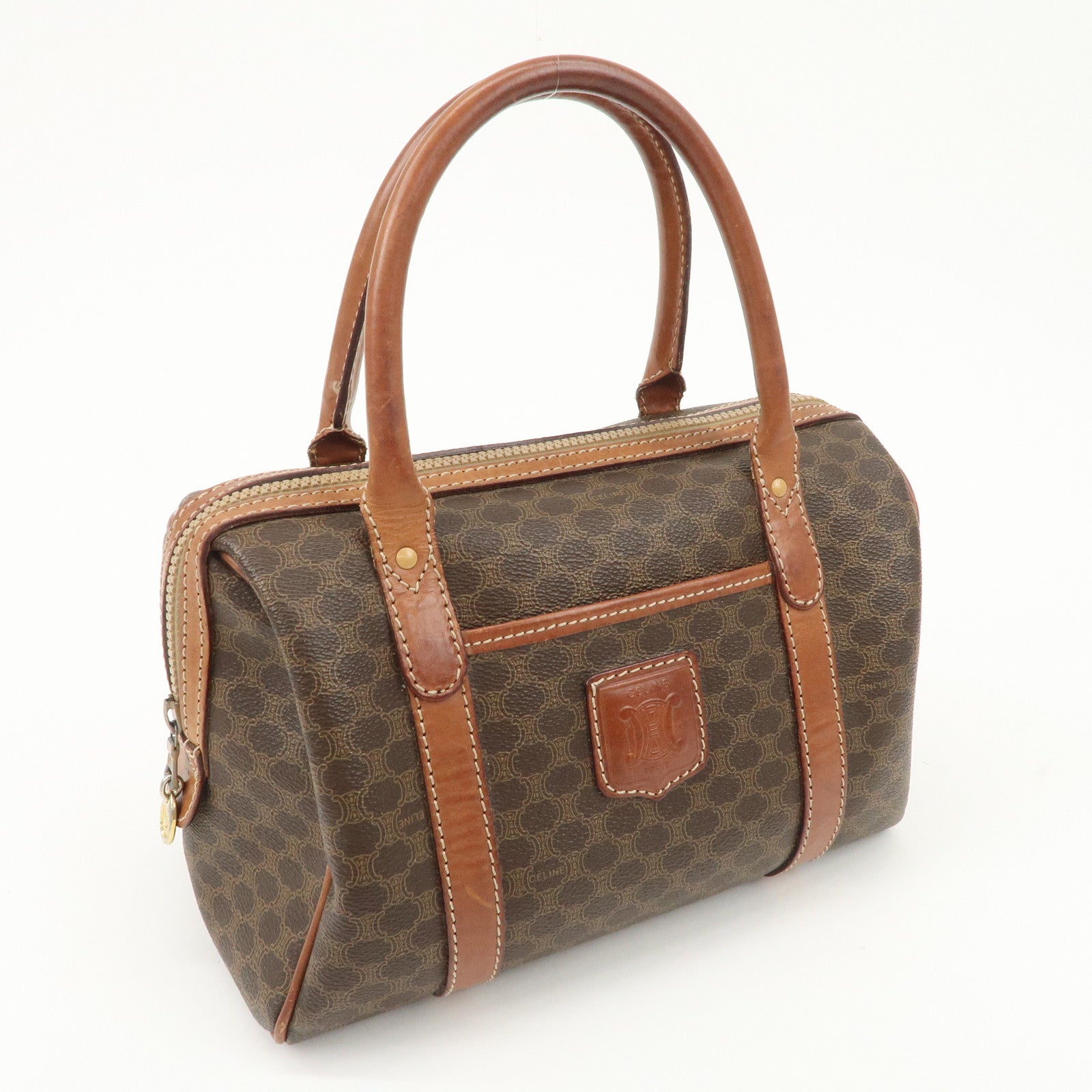 CELINE Macadam PVC Leather Boston Bag Brown Gold HDW