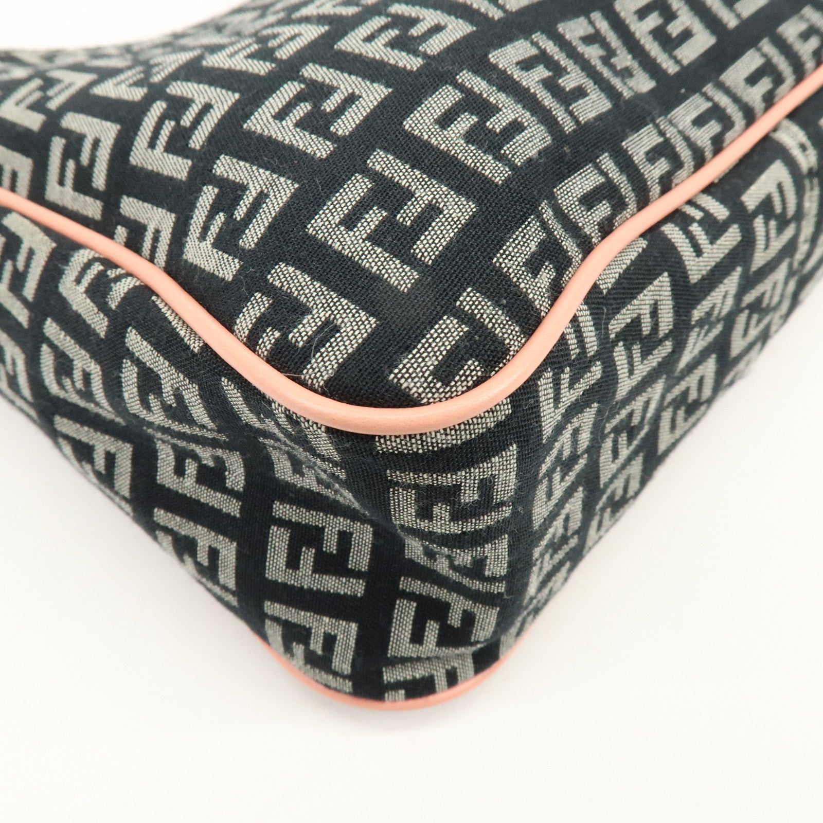 FENDI Zucchino Canvas Leather Hand Shoulder Bag Navy Pink 8BR158